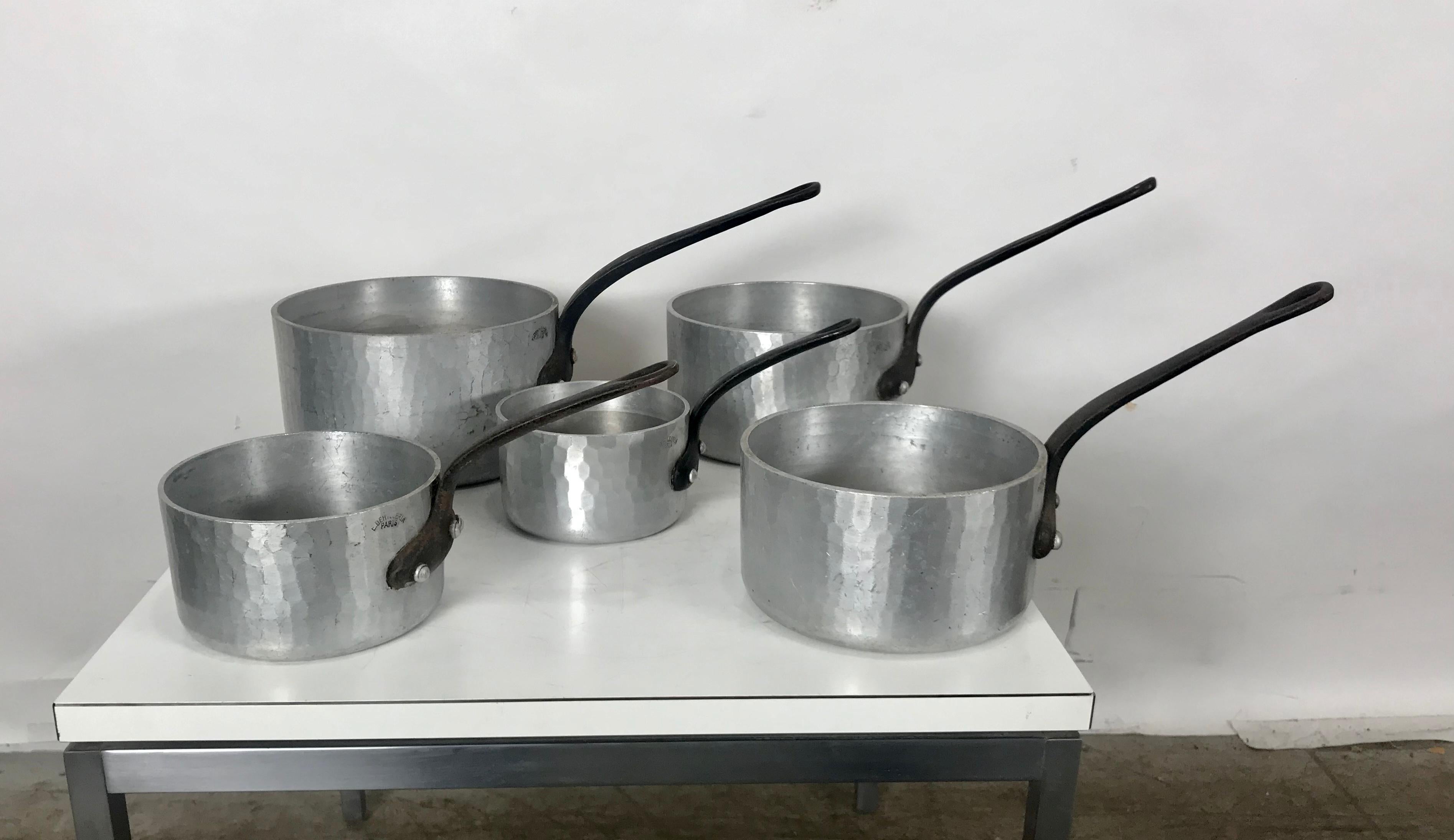 Arts and Crafts Set of 5 Stylized Aluminum Pots. cookwear by E. Dehillerin, Paris