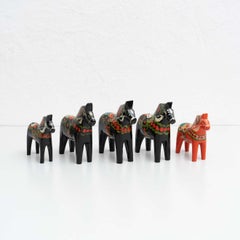 Set of 5 Swedish Folk Wooden Dala Horse Toys, circa 1960