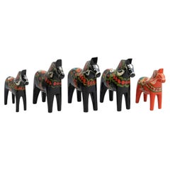 Set of 5 Swedish Folk Wooden Dala Horse Toys, circa 1960