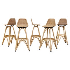Set of 5 Tall Mid-Century Bamboo Bar Stools