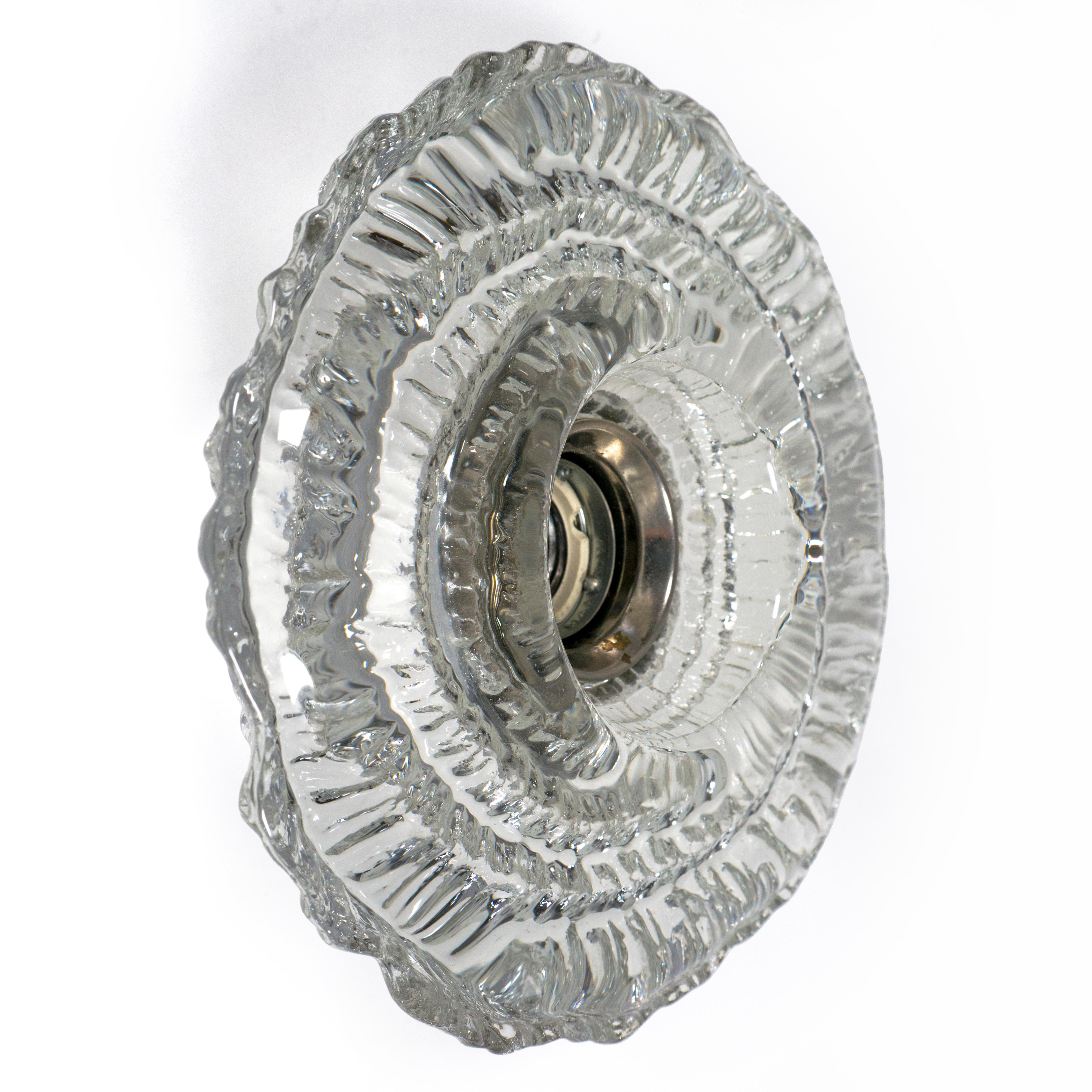 20th Century Set of 5 Thick Structured Ice Glass Wall Light  Flush Mount by Peill & Putzler