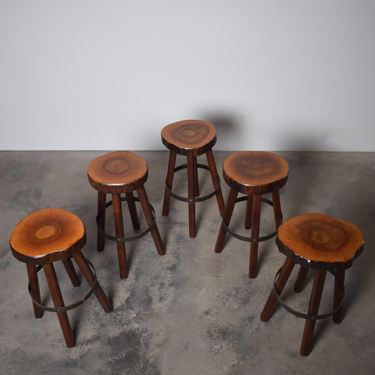 Hand-Crafted Set Of 5 Unique Rustic Artisan Brutalist Tree Trunk Bar Stools 1960s For Sale