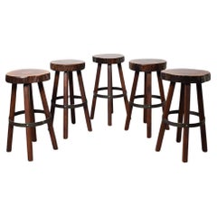 Set Of 5 Unique Rustic Artisan Brutalist Tree Trunk Bar Stools 1960s