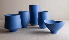 Set of 5 Vases, Vessel, & Bowl in Blue Porcelain by Lisa Fleming