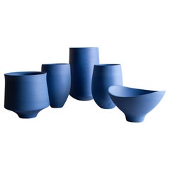 Set di 5 vasi, vaschetta e ciotola in porcellana blu di Lisa Fleming