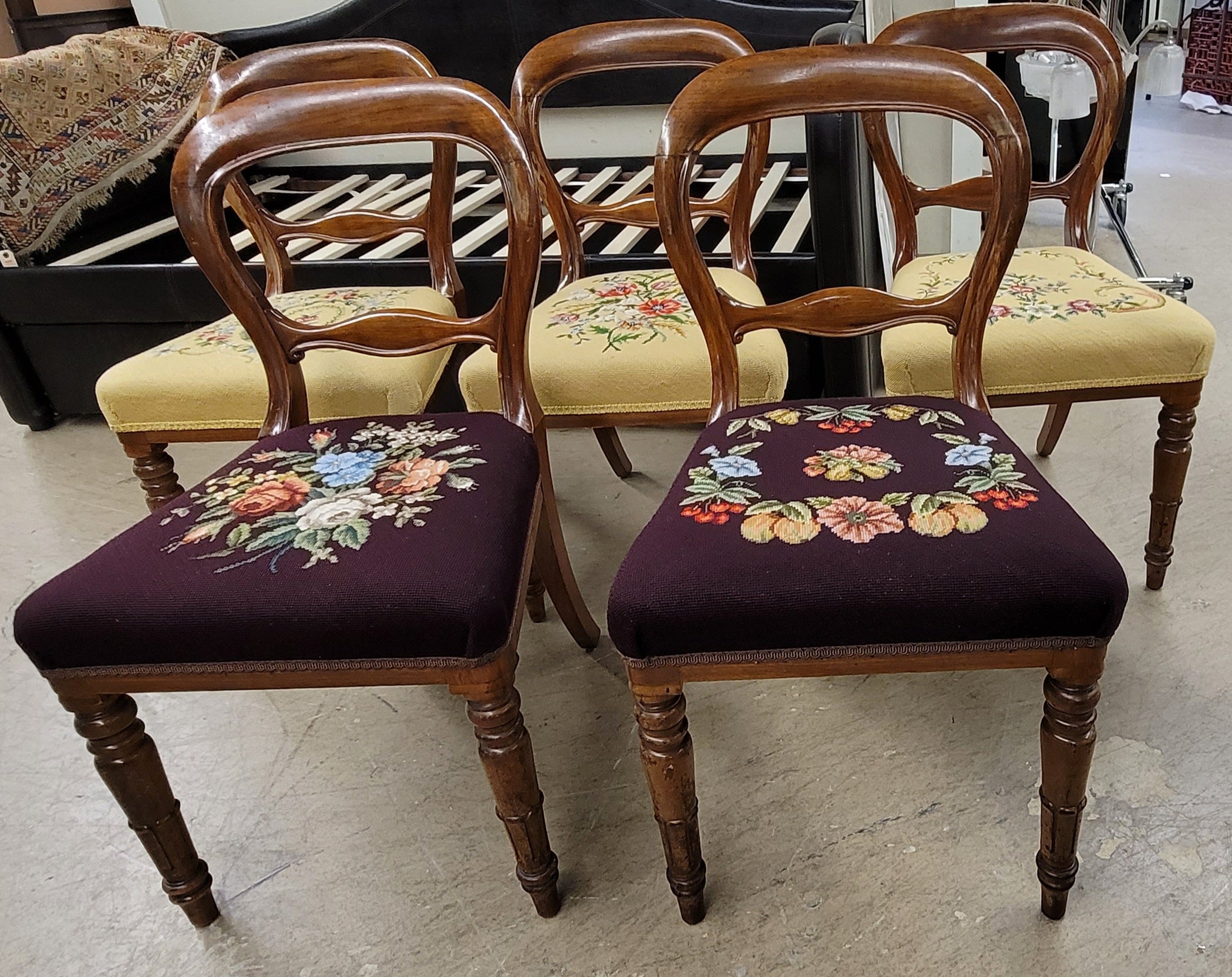 Set of 5 Victorian Balloon Back Mahogany & Custom Newer Needlepoint Work Chairs For Sale 3