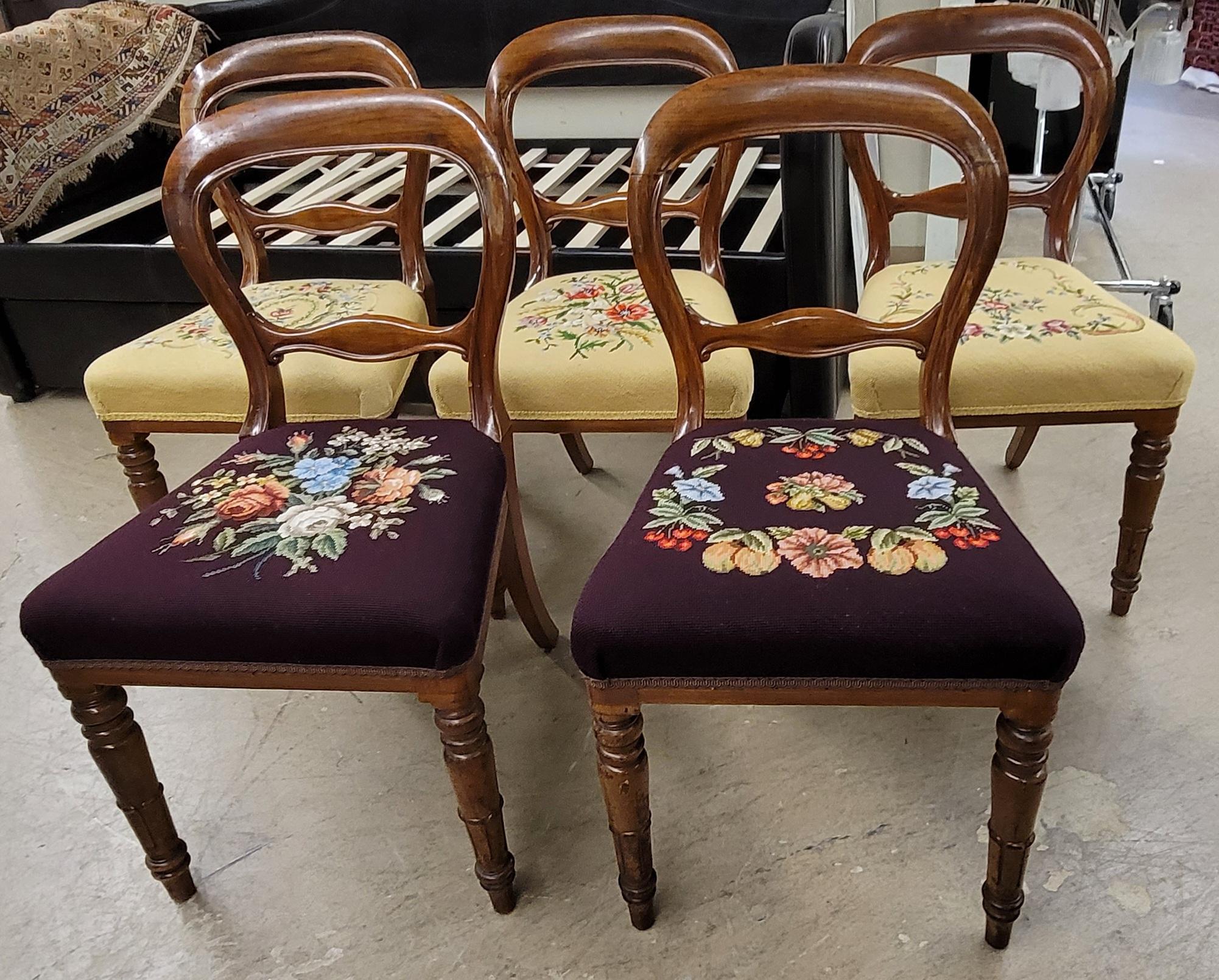 Set of 5 Victorian Balloon Back Mahogany & Custom Newer Needlepoint Work Chairs For Sale 4