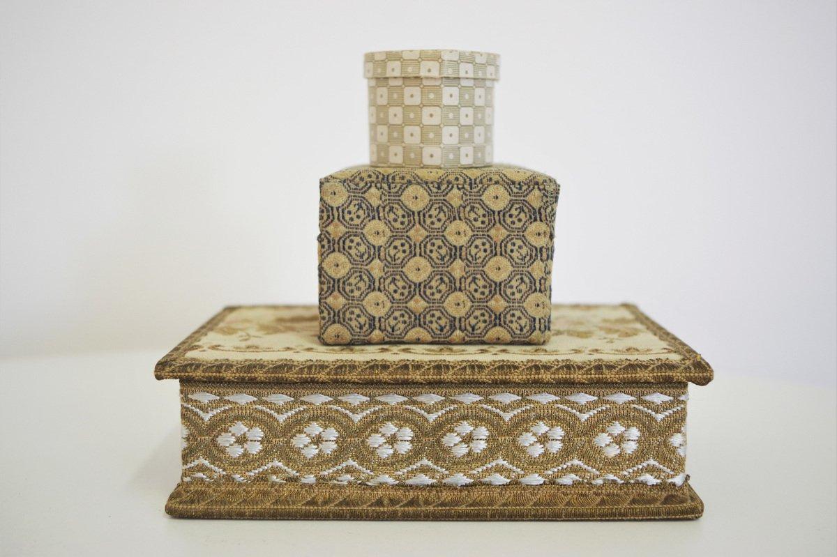 Satz von 5 Vintage 1970er 'Venedig' Stoff- und Holzkisten - Italienisches Mid-Century Deco im Angebot 12
