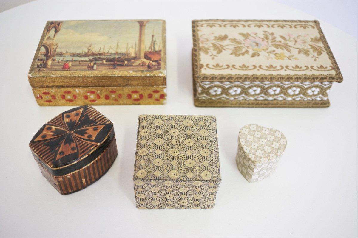 Satz von 5 Vintage 1970er 'Venedig' Stoff- und Holzkisten - Italienisches Mid-Century Deco im Angebot 13