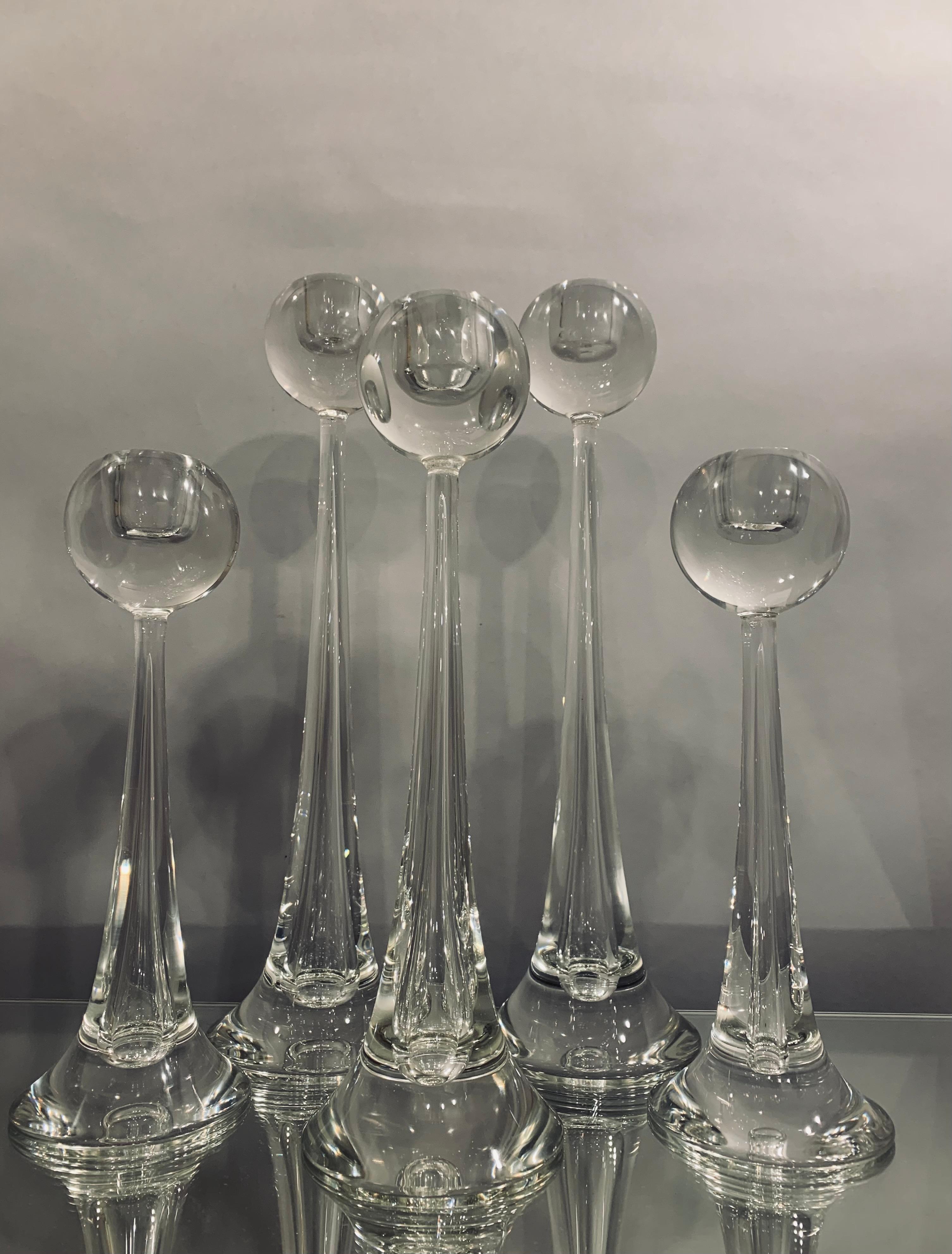 Set of 5 Vintage 1980s Italian Murano Toso Cenedese Clear Glass Candlesticks In Good Condition In London, GB
