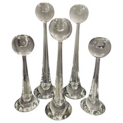 Set of 5 Vintage 1980s Italian Murano Toso Cenedese Clear Glass Candlesticks