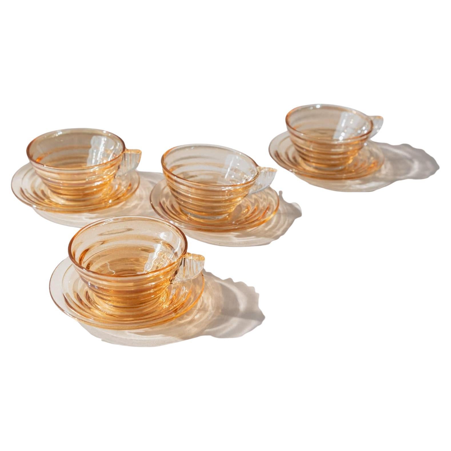 Set of 5 Vintage Apricot Iridescent Ribbed Glass Coffee Cups, 1950s