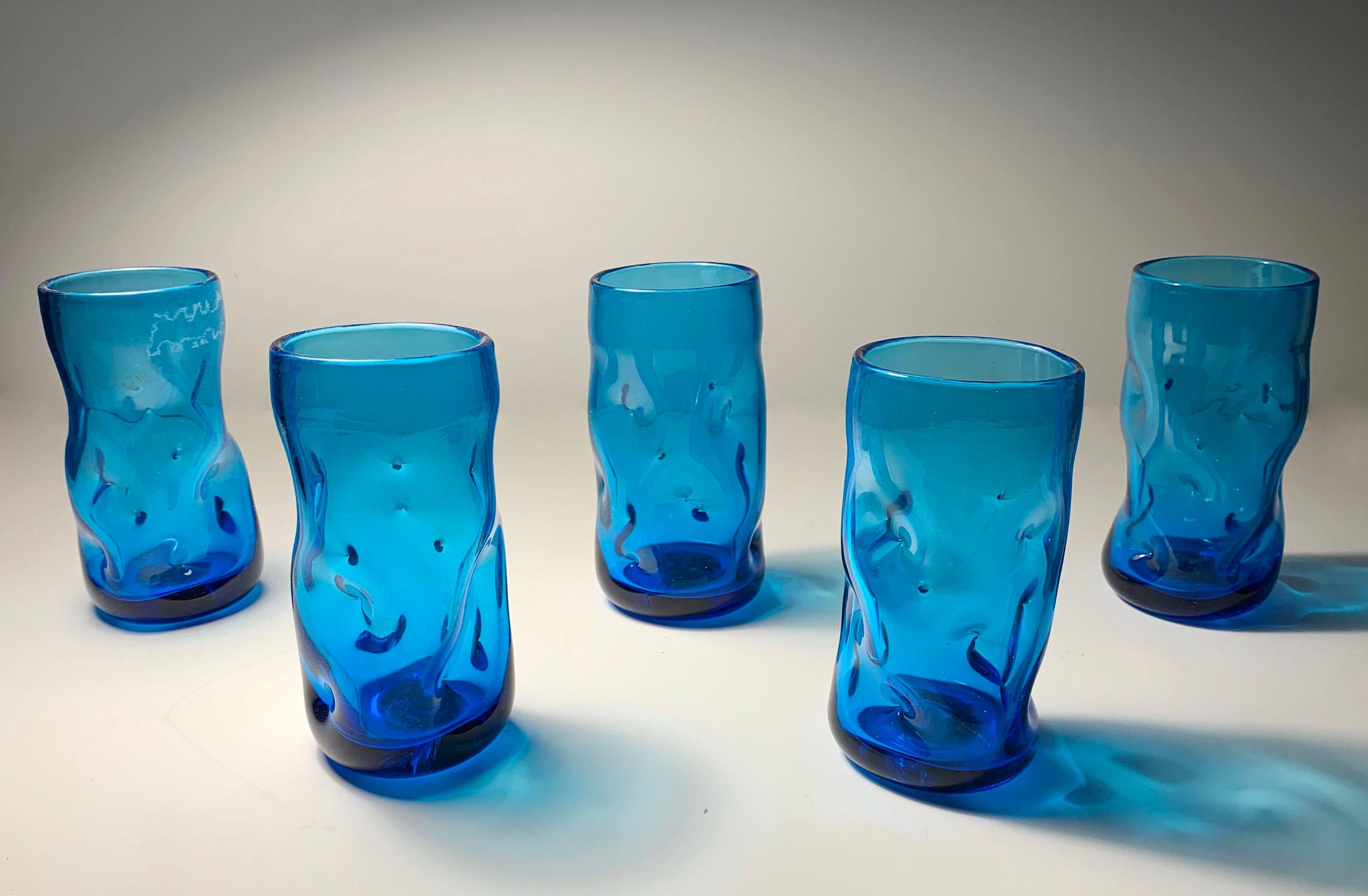 Mid-Century Modern Set of 5 Vintage Blenko Glass Pinch / Dimple Tumblers or Small Vases. For Sale