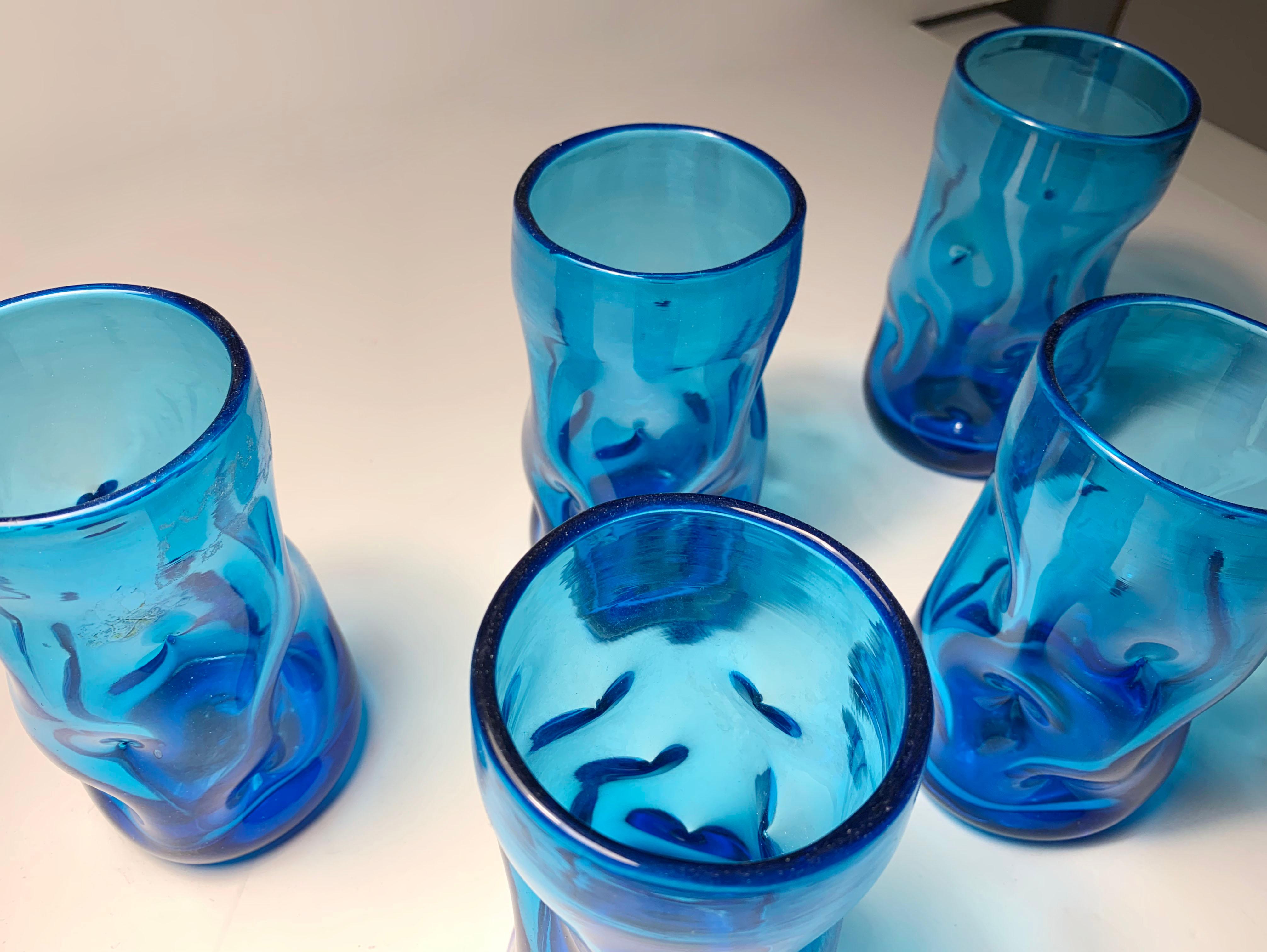 American Set of 5 Vintage Blenko Glass Pinch / Dimple Tumblers or Small Vases. For Sale
