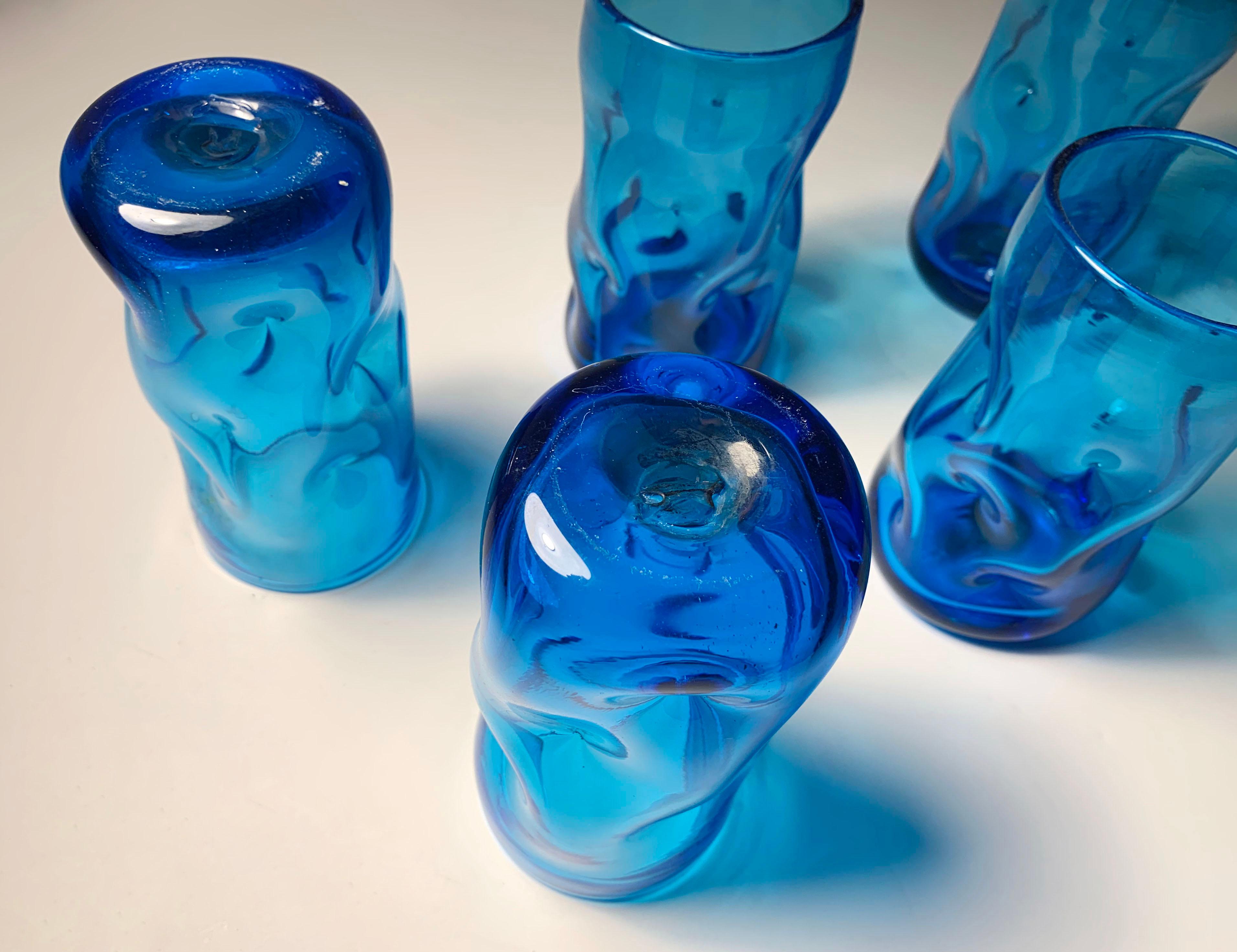 20th Century Set of 5 Vintage Blenko Glass Pinch / Dimple Tumblers or Small Vases. For Sale