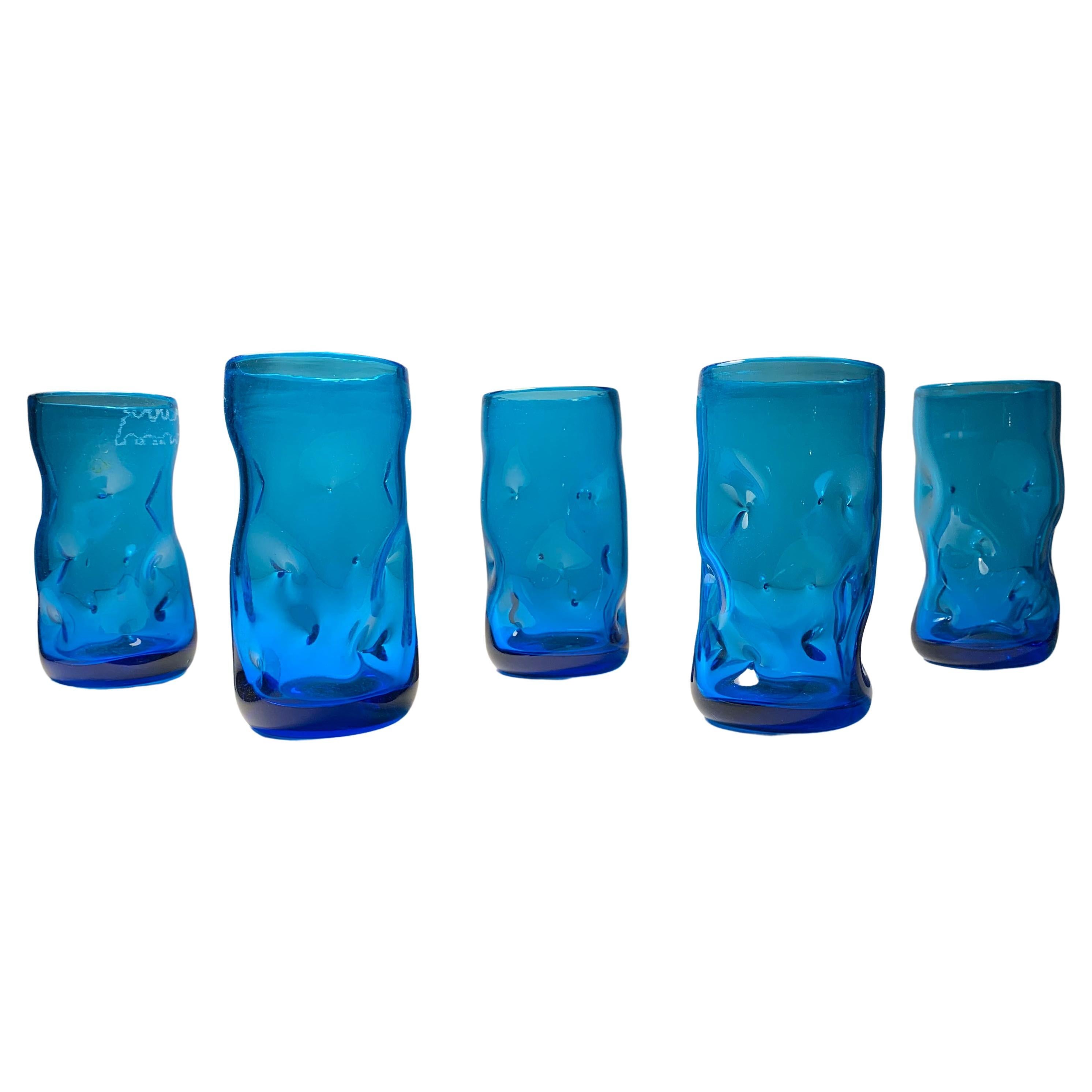 Set of 5 Vintage Blenko Glass Pinch / Dimple Tumblers or Small Vases.