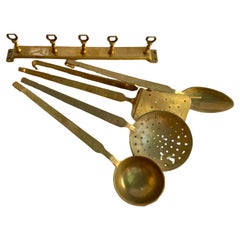 Set Of 5 Vintage Brass Utensils On Rack 1950s Belgium