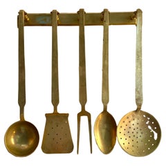 Set Of 5 Vintage Brass Utensils On Rack 1950s Belgium 