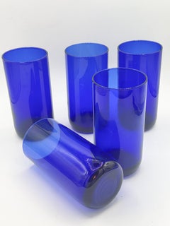 Set of 5 Vintage Drinking Glasses 1980s Cobalt Blue Highball Tumblers