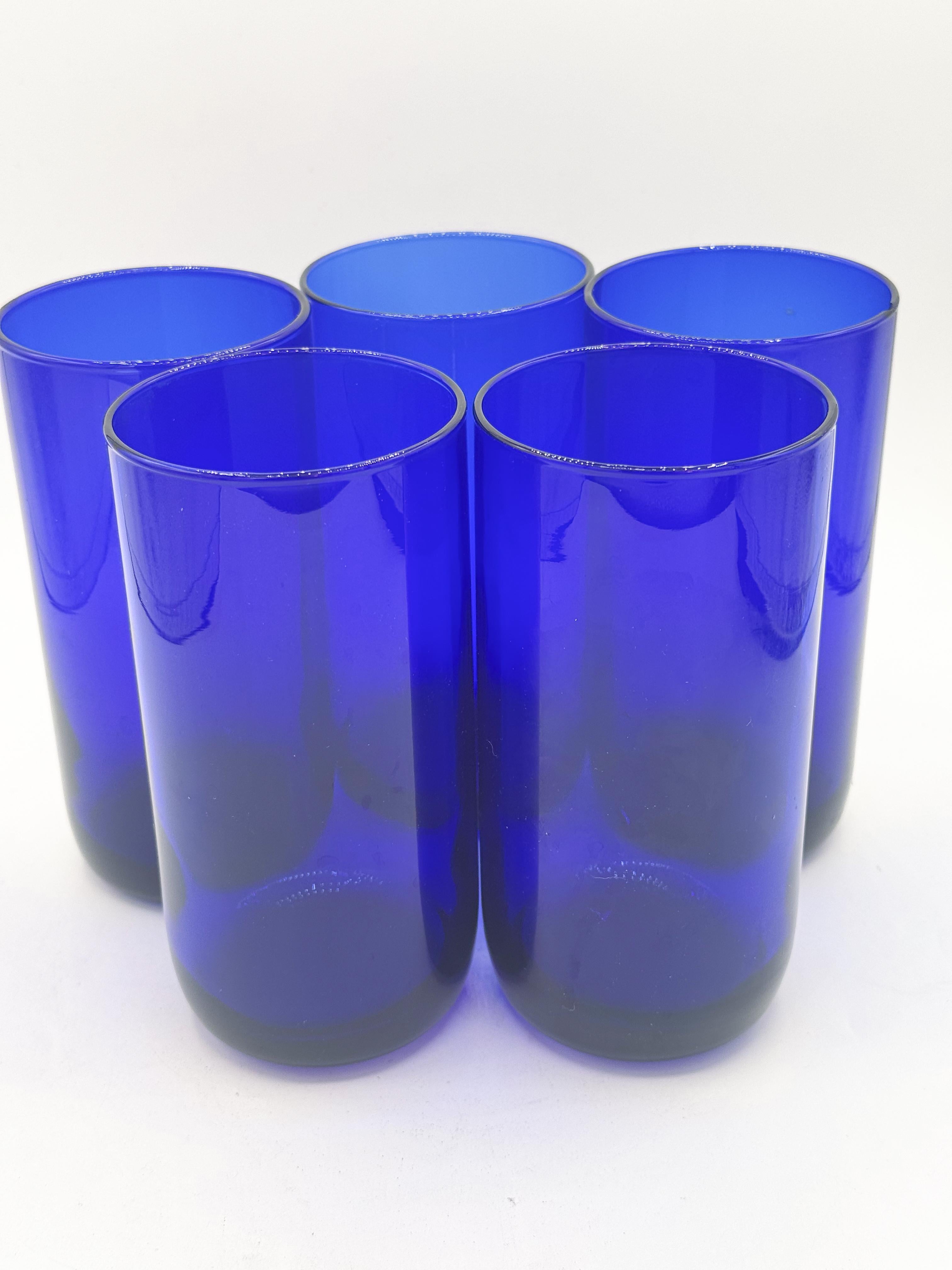 Set of 5 Vintage Drinking Glasses 1980s Cobalt Blue Highball Tumblers For Sale 1