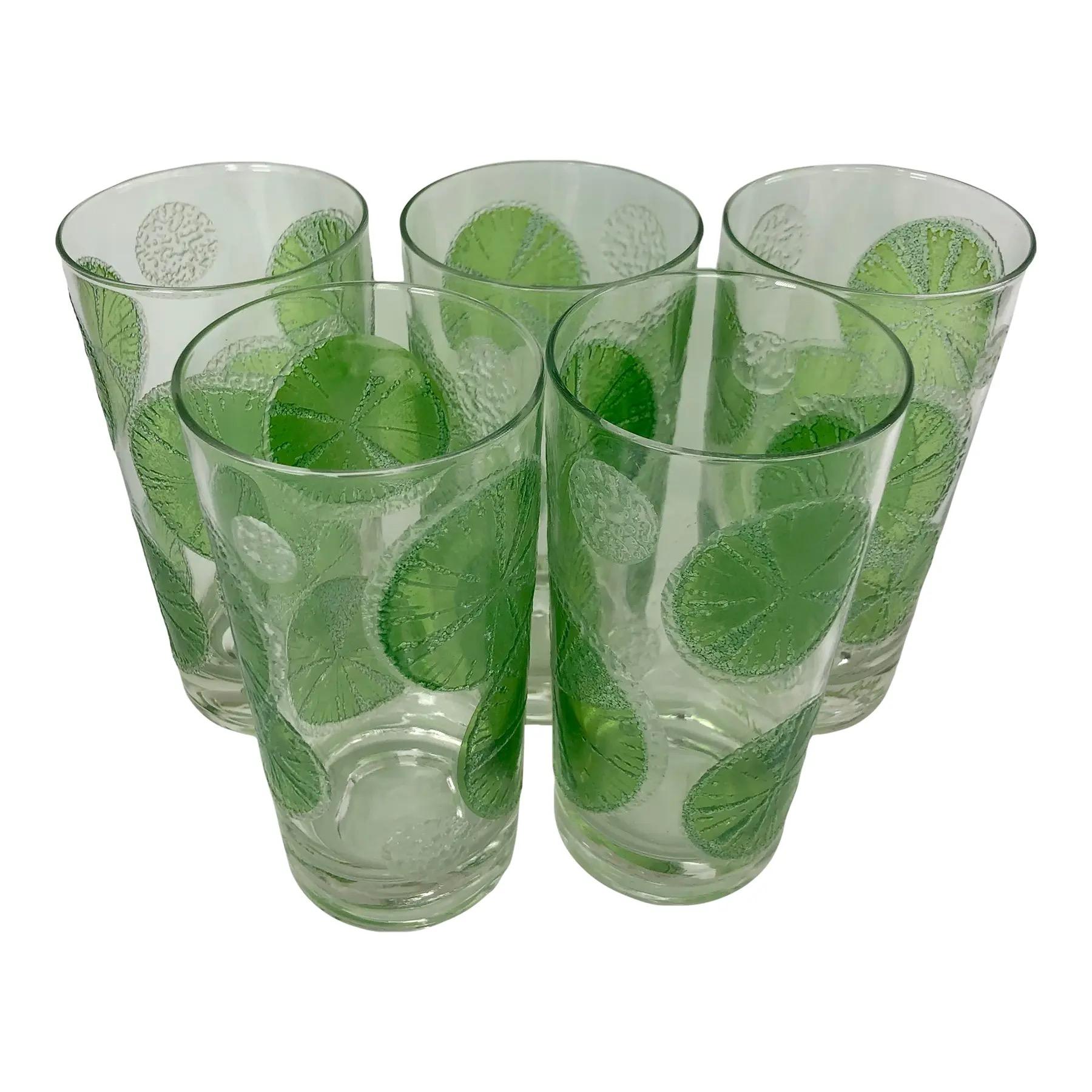 Set of 5 Vintage Fred Press Highball Glasses With Raised Lime Slices. Perfect for your summer cocktails. Glasses measure 5 1/2