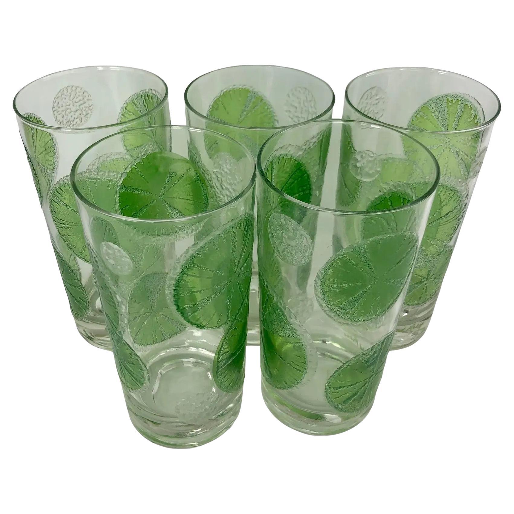 Set of 5 Vintage Fred Press Highball Glasses With Raised Lime Slices
