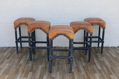 Set of 5 Vintage Leather Bar Stools With Spindle Legs  Spanish Revival