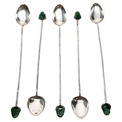 Set of 5 Vintage Lee Yee Hing 900 Silver Bamboo Jade Buddha Iced Tea Spoons