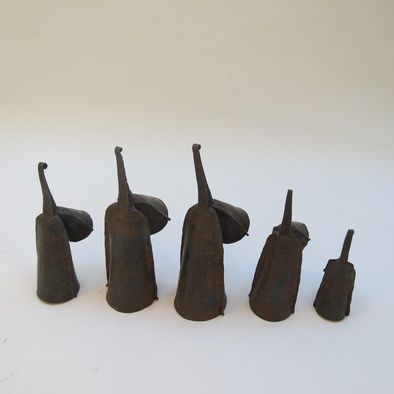 Set of 5 Vintage Metal Hand Produced Decorative Agogo Bells from Ghana