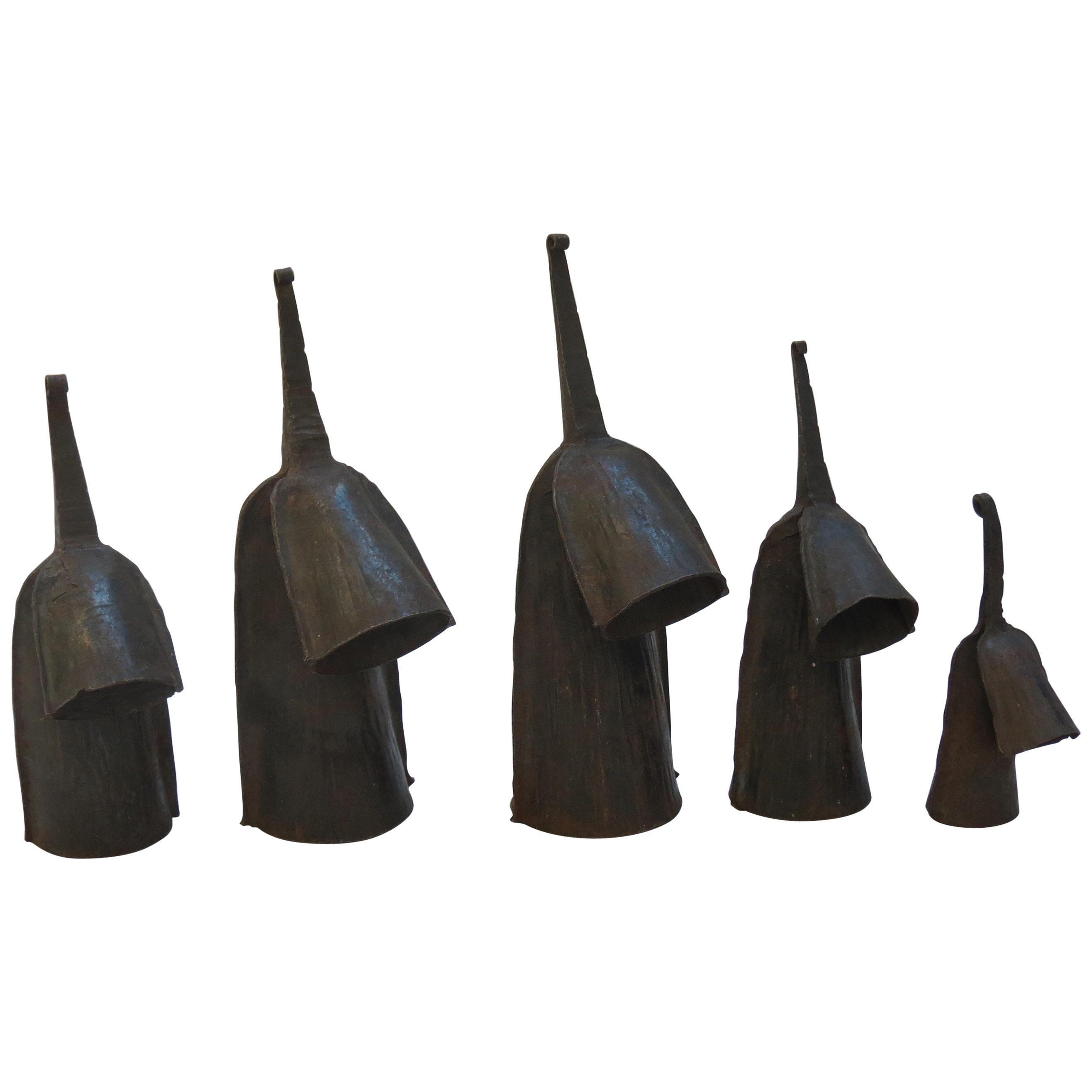 Set of 5 Vintage Metal Hand Produced Decorative Agogo Bells from Ghana
