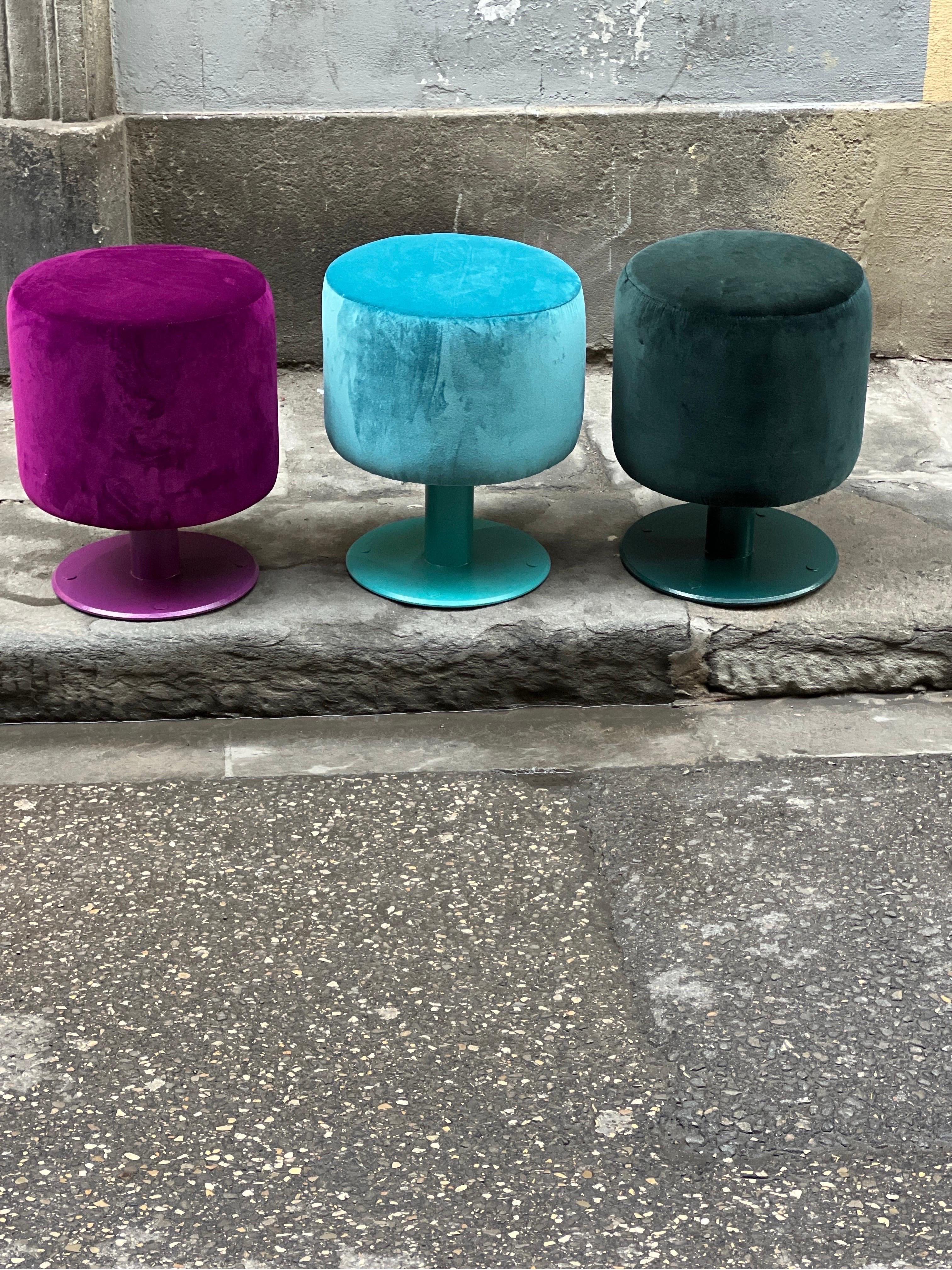 Set of 4 Vintage Poufs Newly Upholstered in Mixed Colored Velvet, 1970s For Sale 5