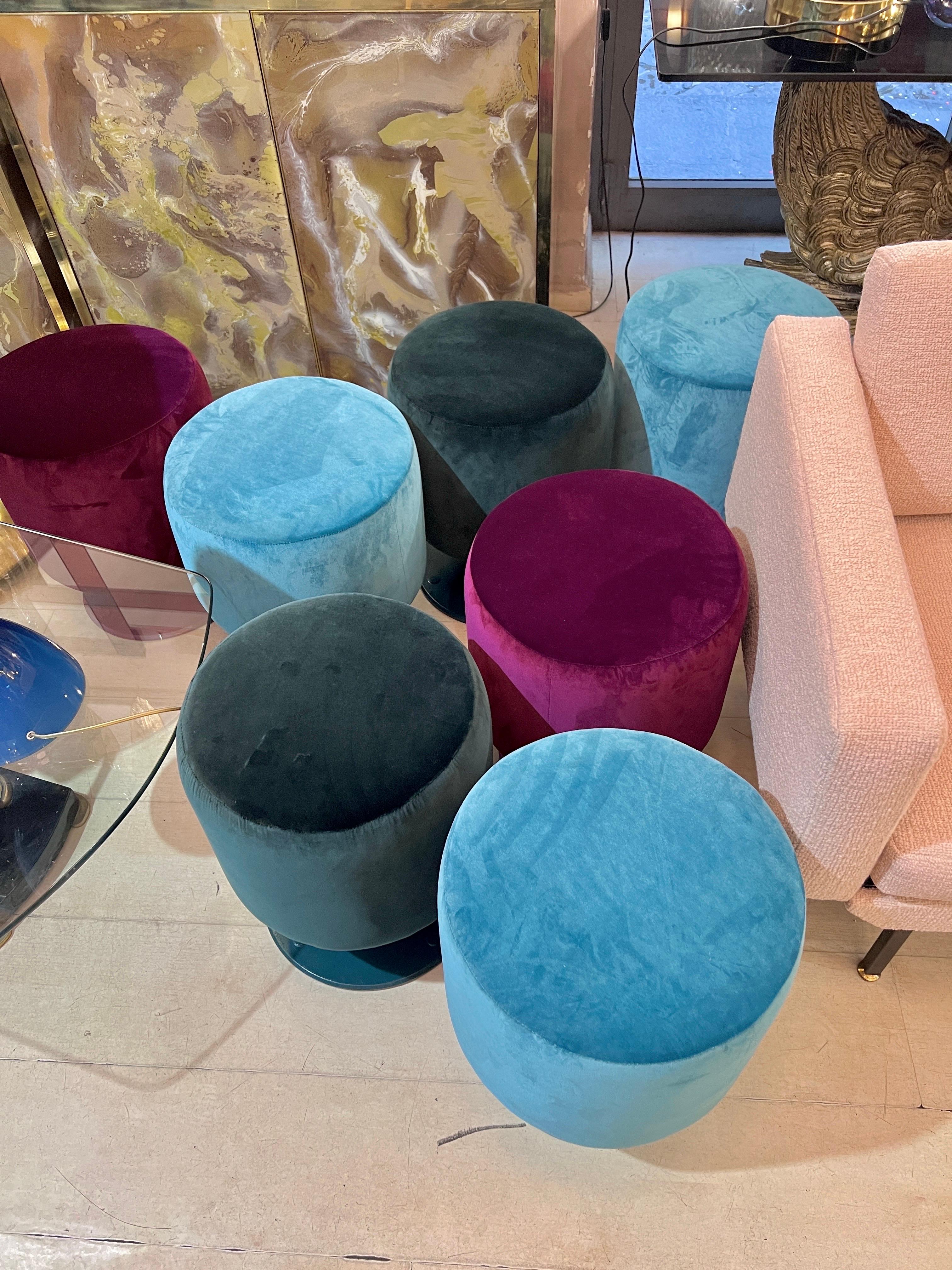 Set of 4 Vintage Poufs Newly Upholstered in Mixed Colored Velvet, 1970s 8