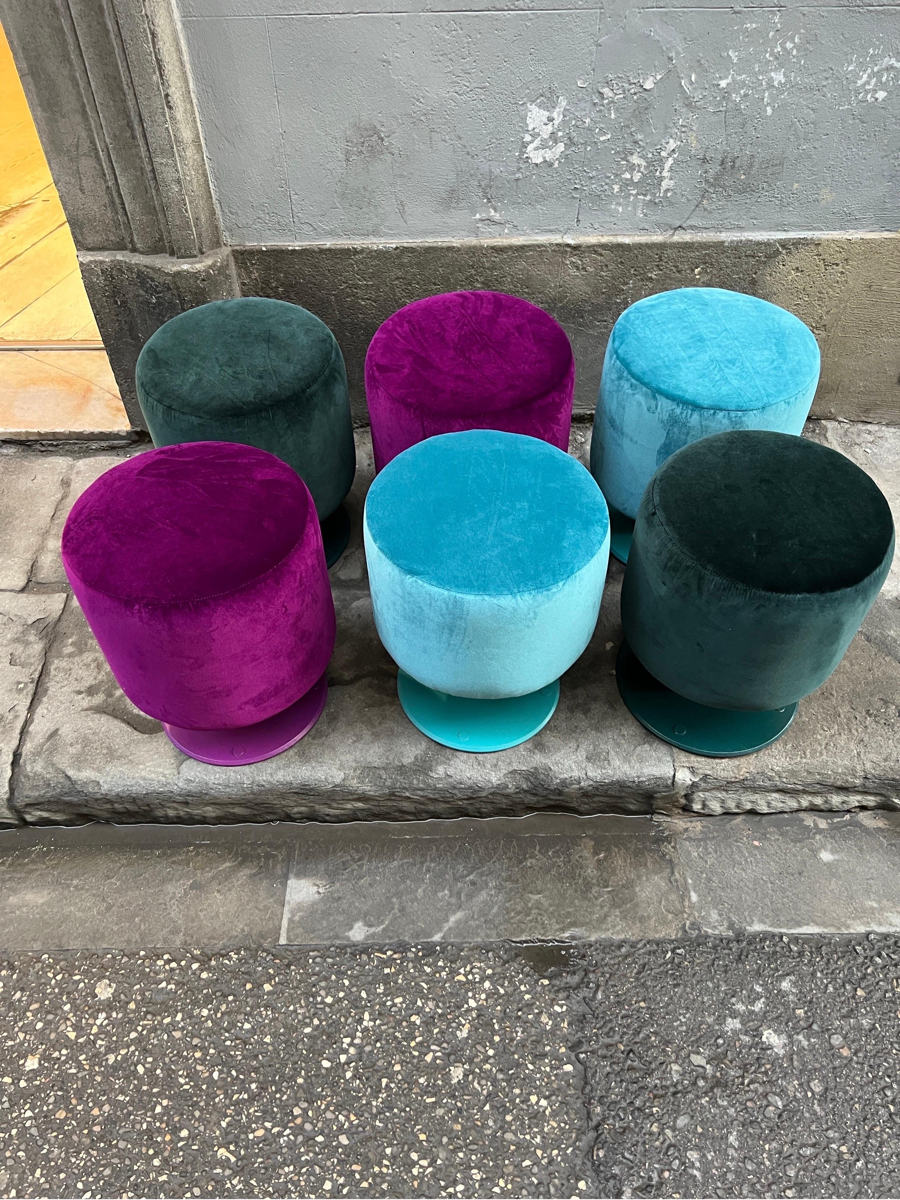 Modern Set of 4 Vintage Poufs Newly Upholstered in Mixed Colored Velvet, 1970s For Sale