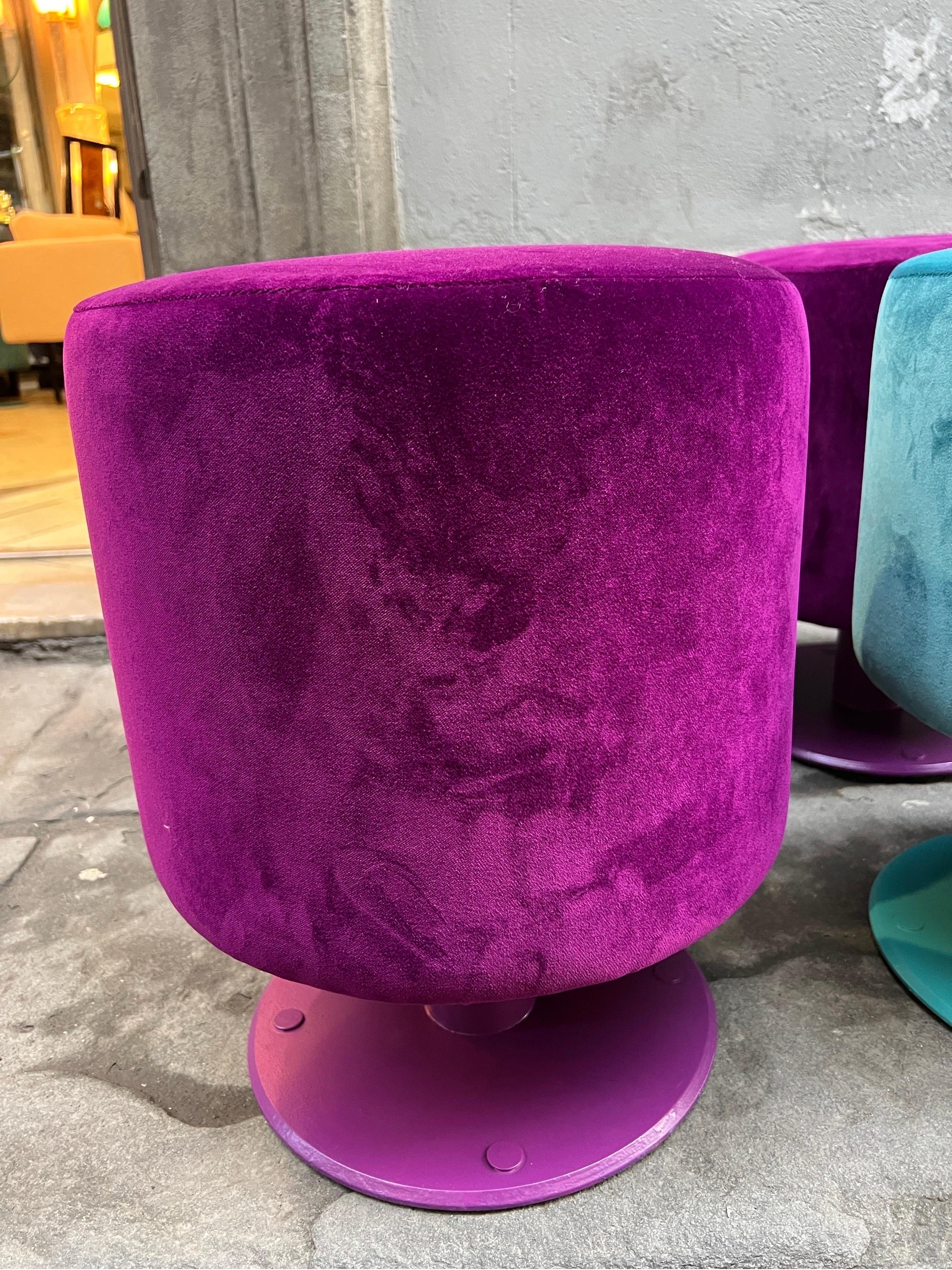 Late 20th Century Set of 4 Vintage Poufs Newly Upholstered in Mixed Colored Velvet, 1970s For Sale