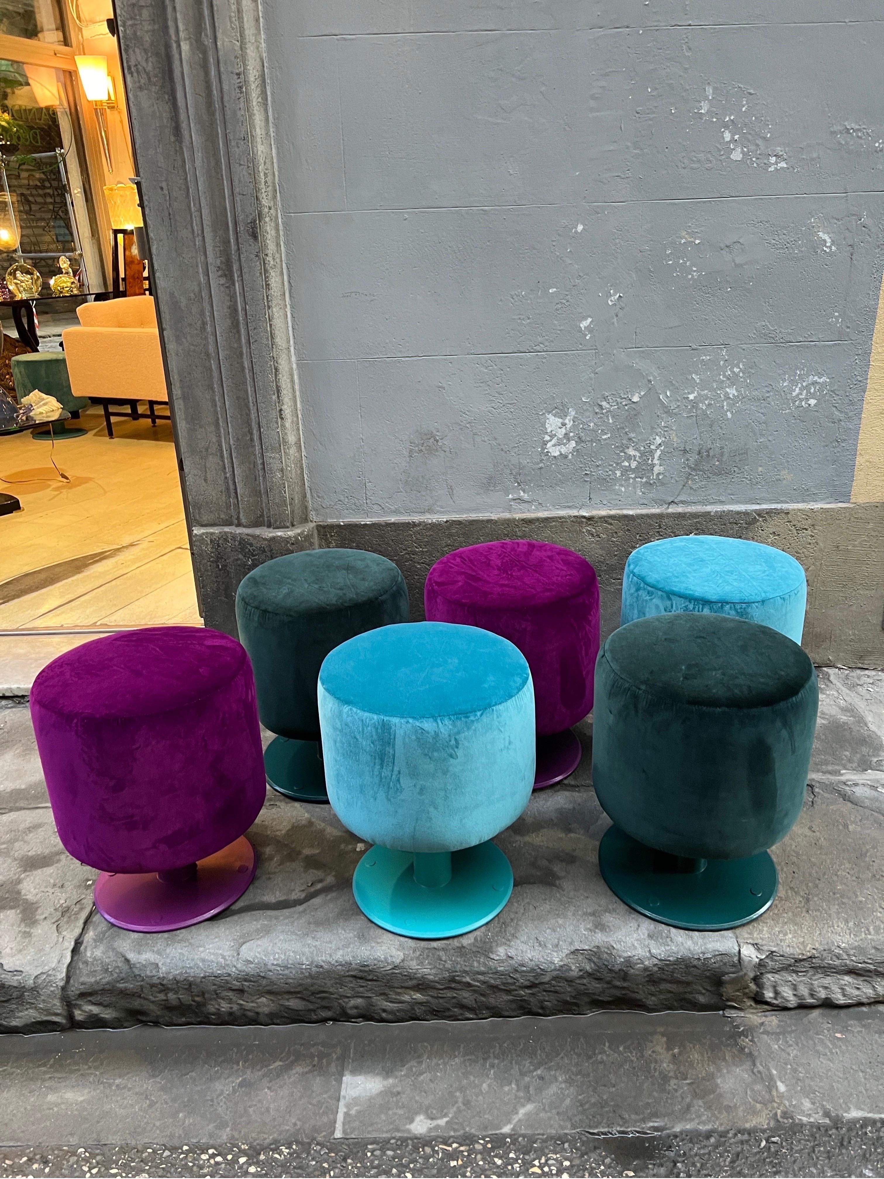 Metal Set of 4 Vintage Poufs Newly Upholstered in Mixed Colored Velvet, 1970s For Sale