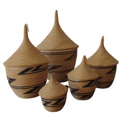 Set of 5 Vintage Tutsi Rwanda Rattan Decorative Lidded Pots 1970s