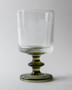 Set of 5 Vintage Wine Glasses, Olive Green Stems, Etched Floral, 1970s