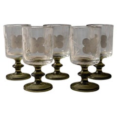 Set of 5 Vintage Wine Glasses, Olive Green Stems, Etched Floral, 1970s