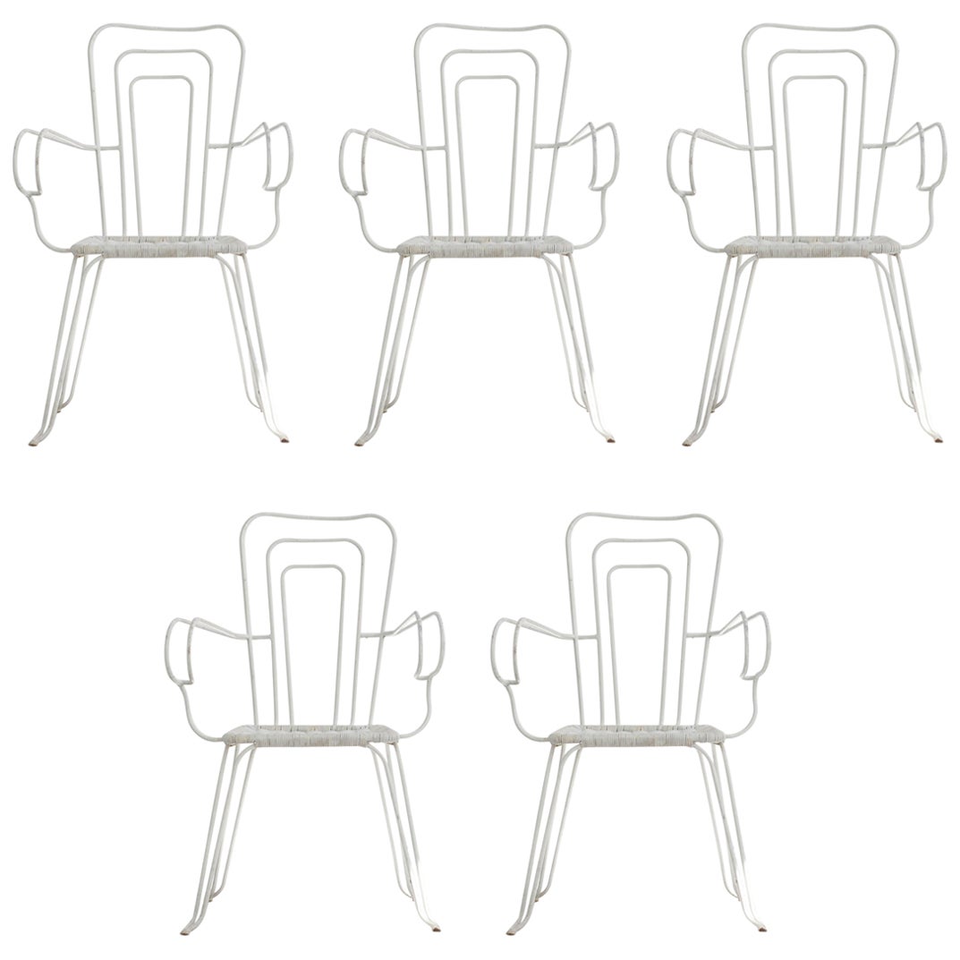 Set of 5 White Garden Chairs with Woven Plastic Seats, Italy, 1960s