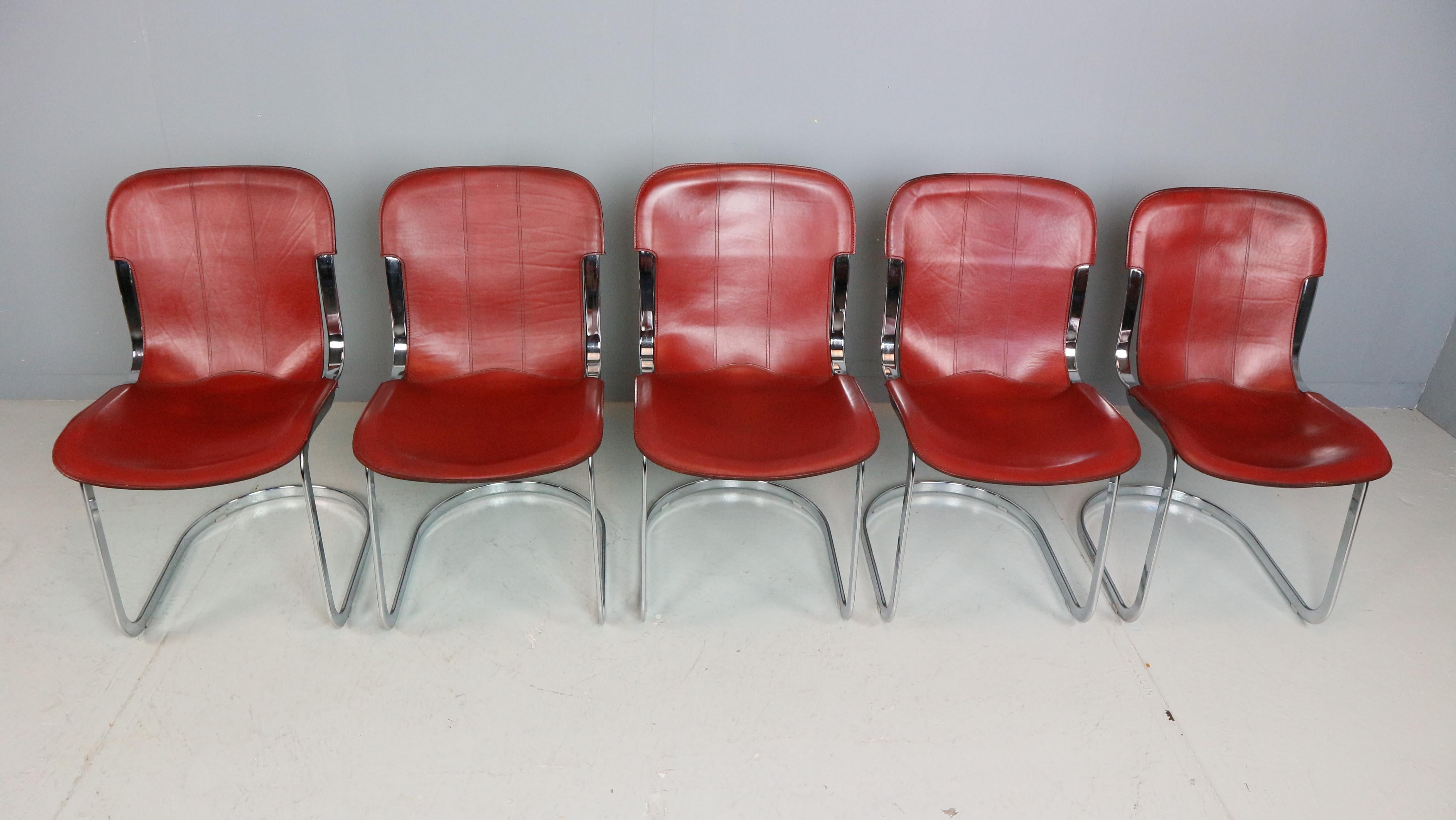 Mid-Century Modern Set of 5 Willy Rizzo chairs in Chrome and Leather for Cidue, Italy, 1970s