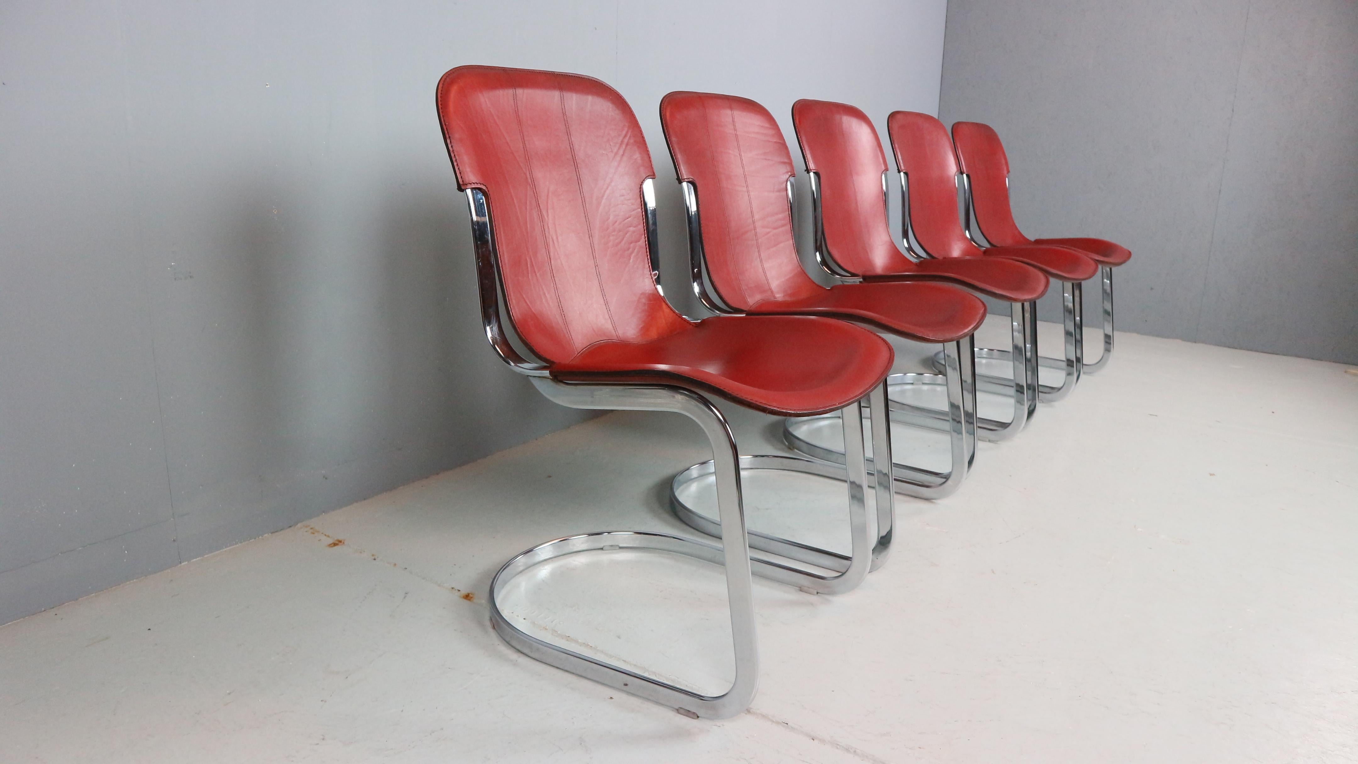 Italian Set of 5 Willy Rizzo chairs in Chrome and Leather for Cidue, Italy, 1970s
