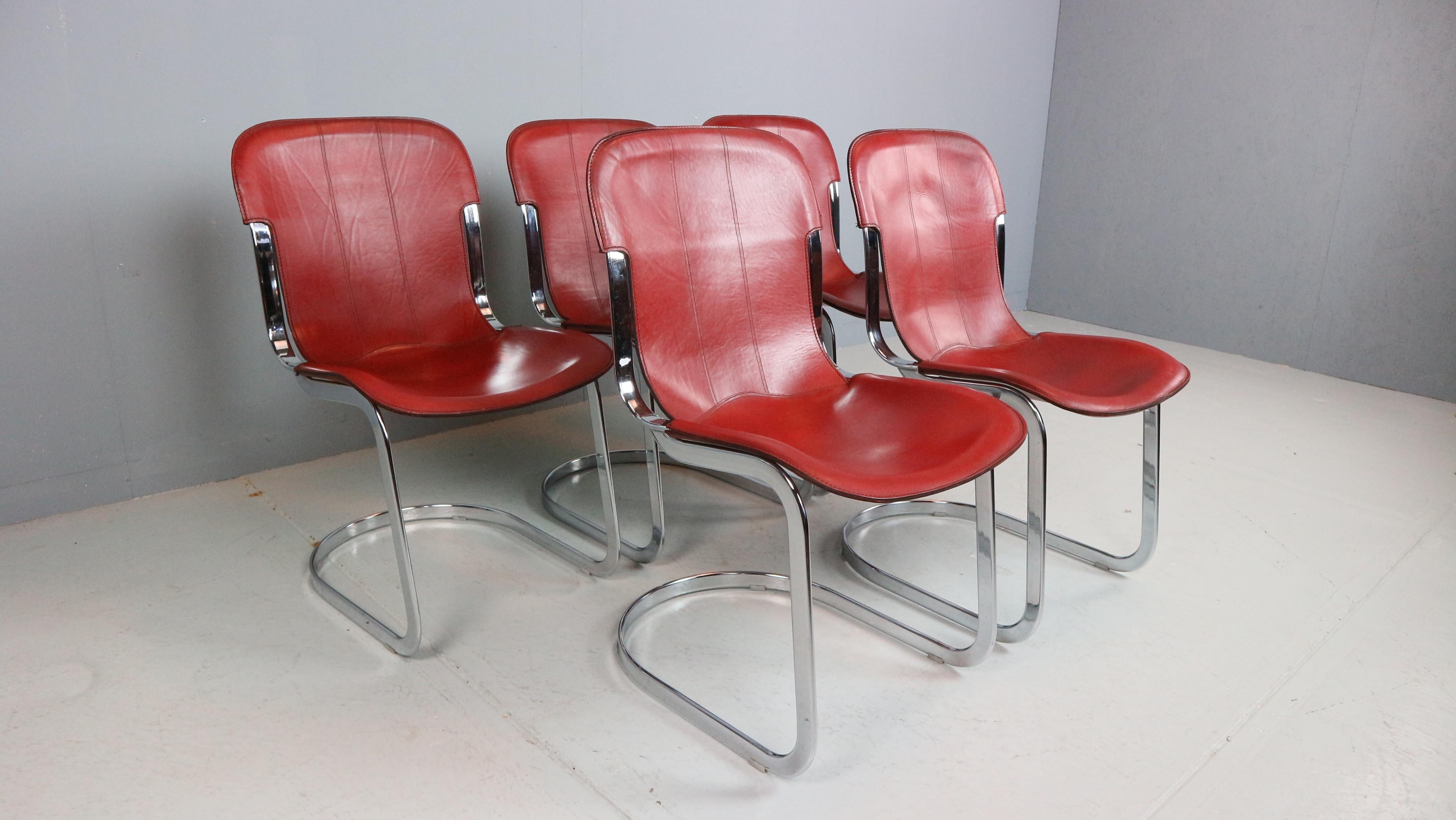 20th Century Set of 5 Willy Rizzo chairs in Chrome and Leather for Cidue, Italy, 1970s