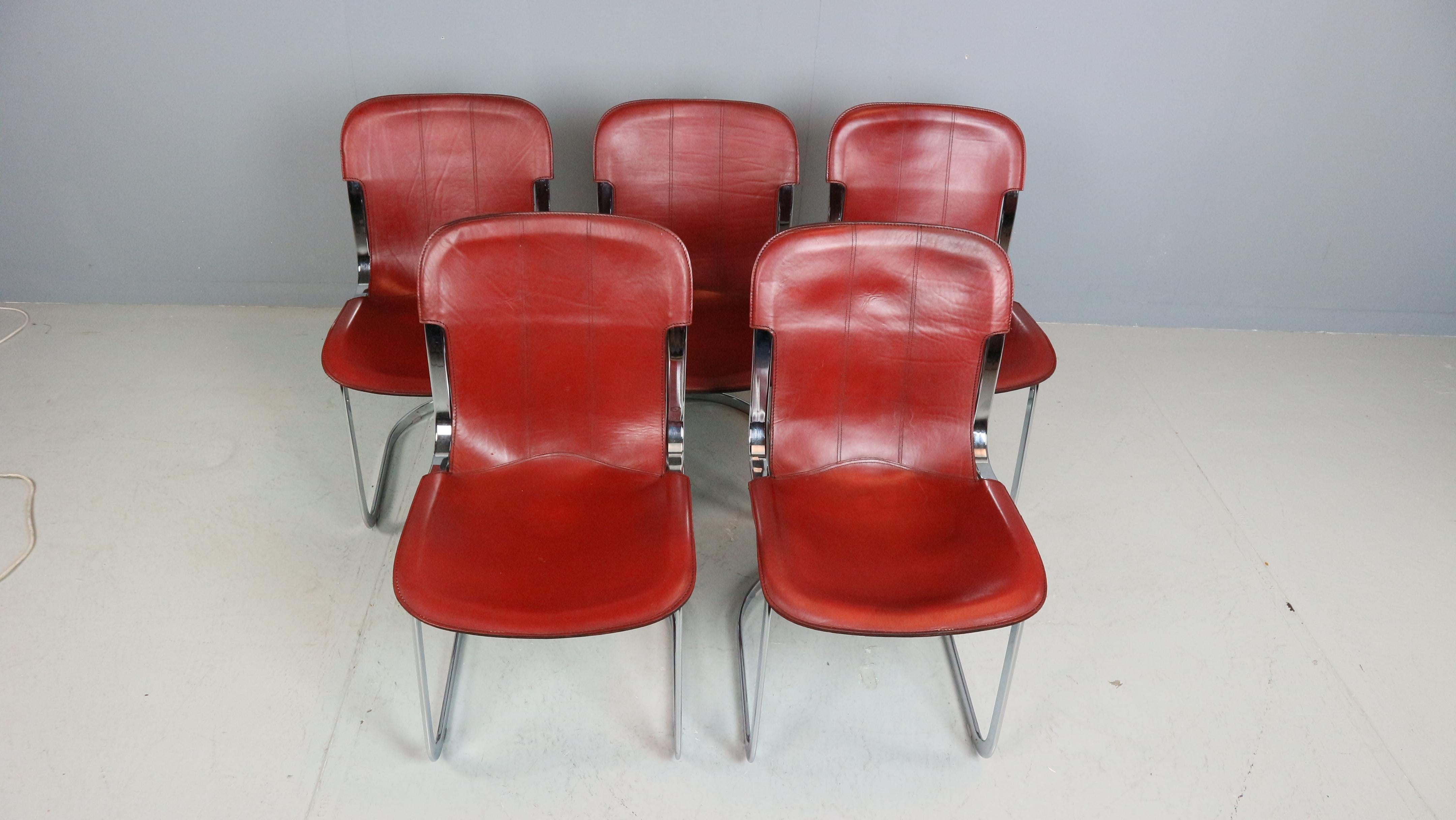 Set of 5 Willy Rizzo chairs in Chrome and Leather for Cidue, Italy, 1970s 1