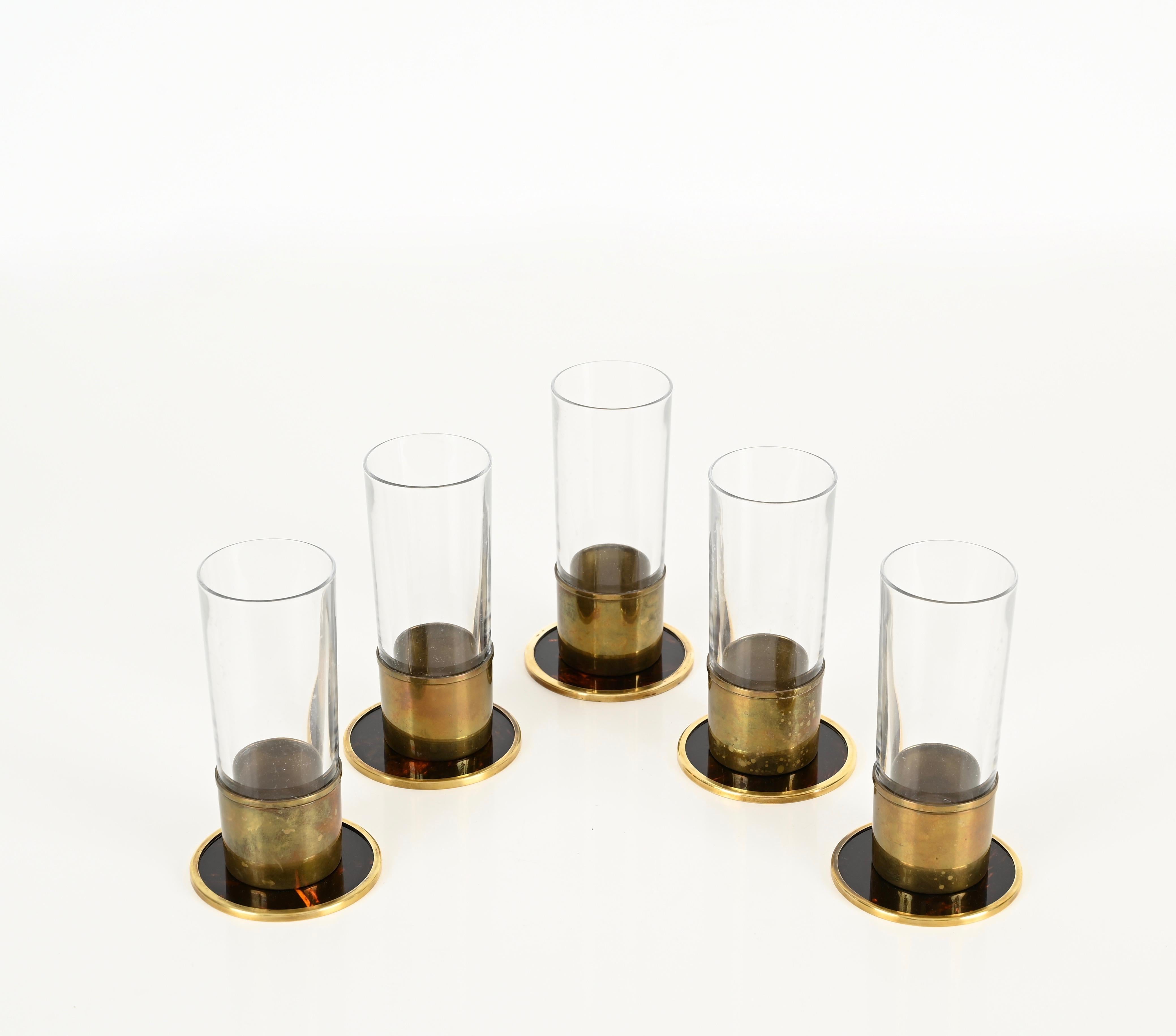 Mid-Century Modern Set of  5 Willy Rizzo Tortoiseshell Plexiglass and Brass Italian Coasters, 1970s