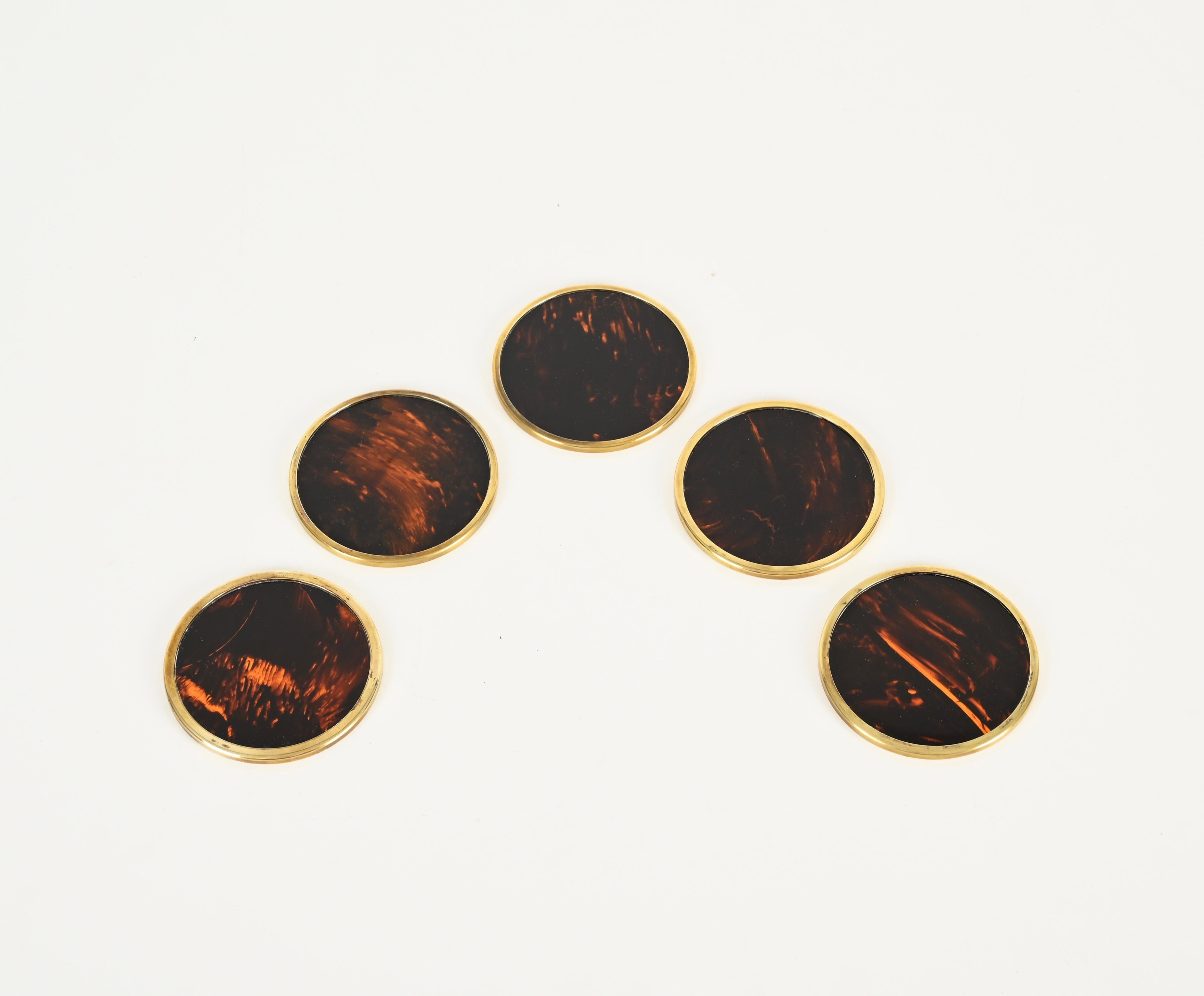 Set of  5 Willy Rizzo Tortoiseshell Plexiglass and Brass Italian Coasters, 1970s 1