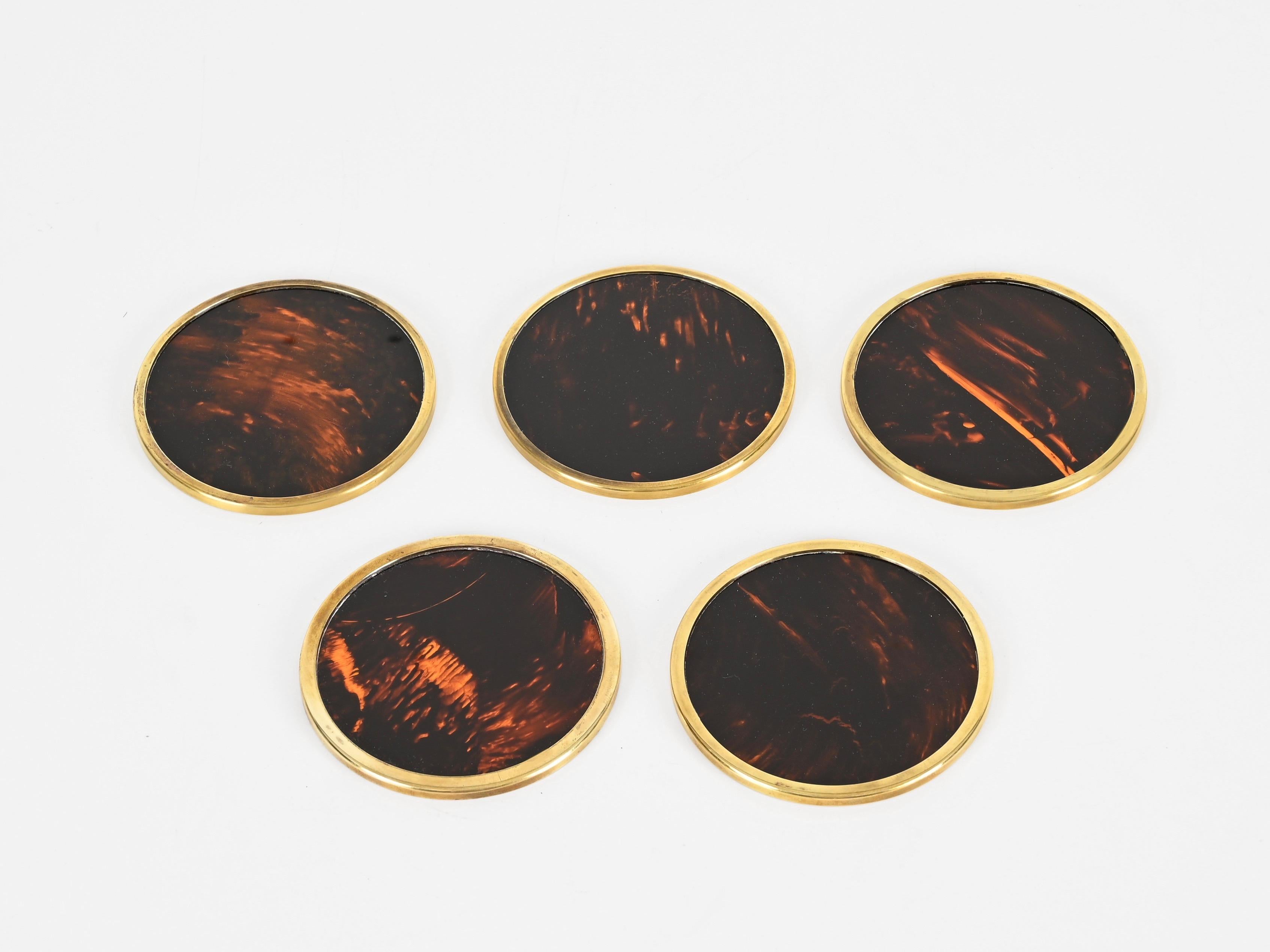 Set of  5 Willy Rizzo Tortoiseshell Plexiglass and Brass Italian Coasters, 1970s 2