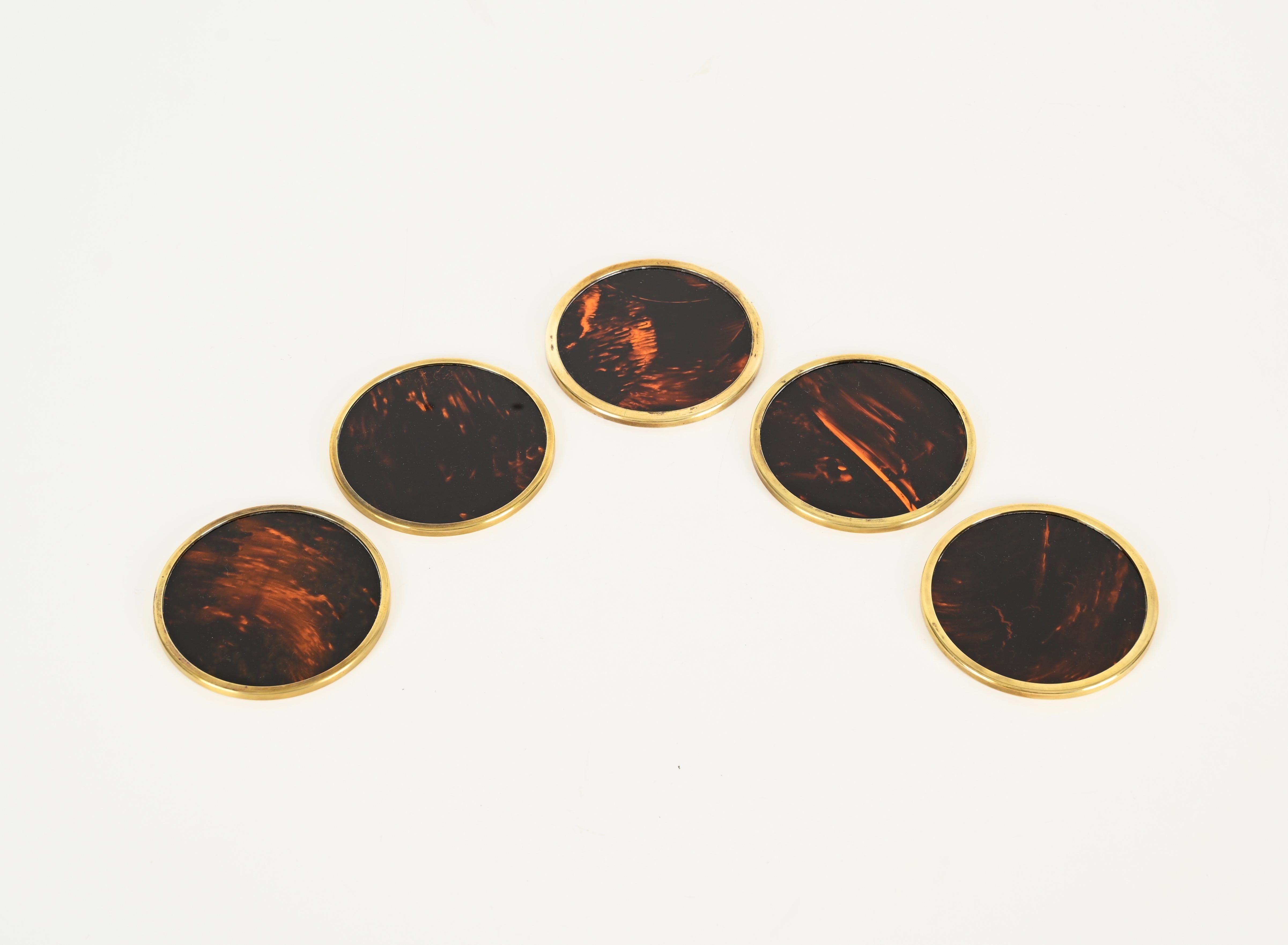 Set of  5 Willy Rizzo Tortoiseshell Plexiglass and Brass Italian Coasters, 1970s 3