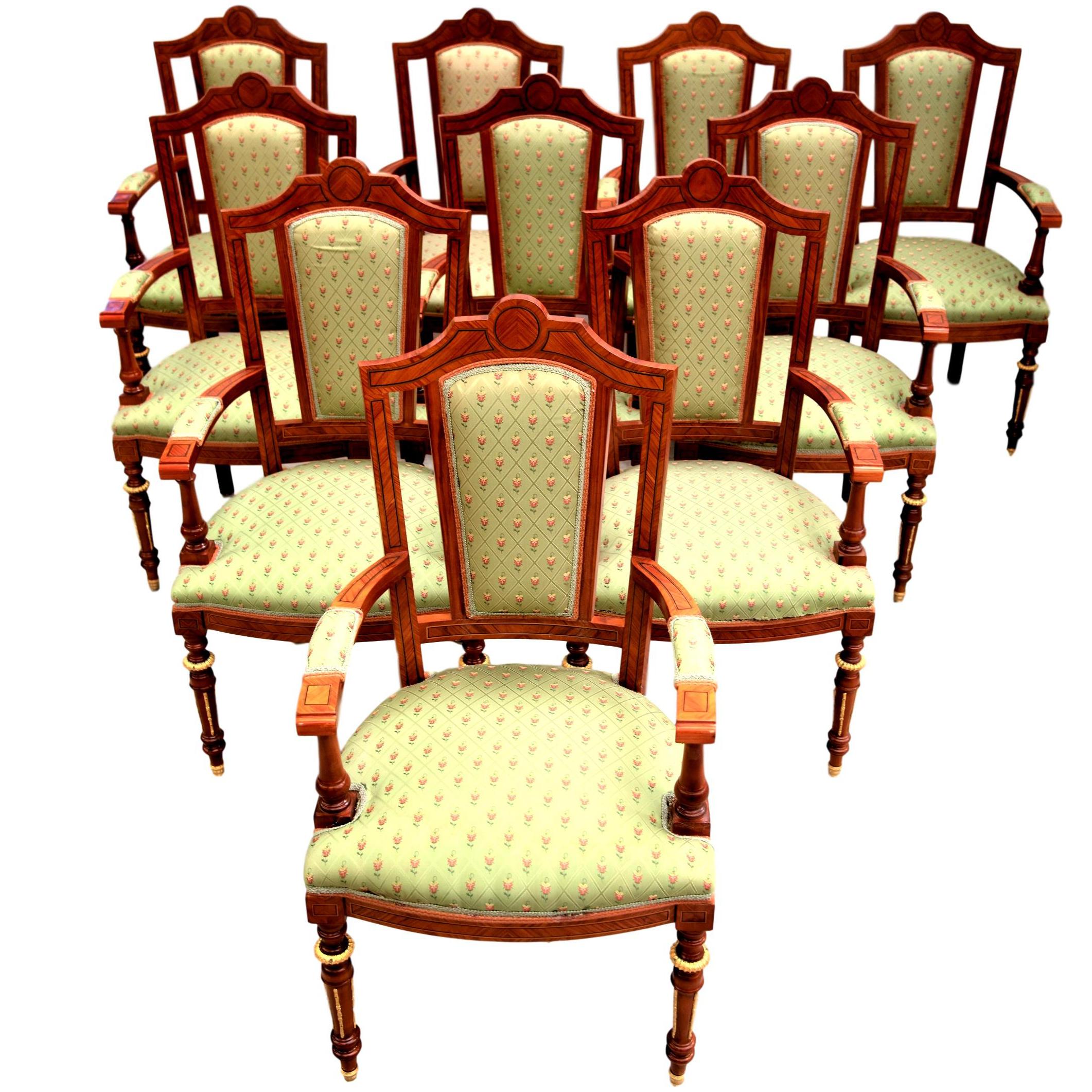 Set of 50 MiceVersailles Upholstered Rosewood Inlaid Gilt Bronze Dinner Chairs