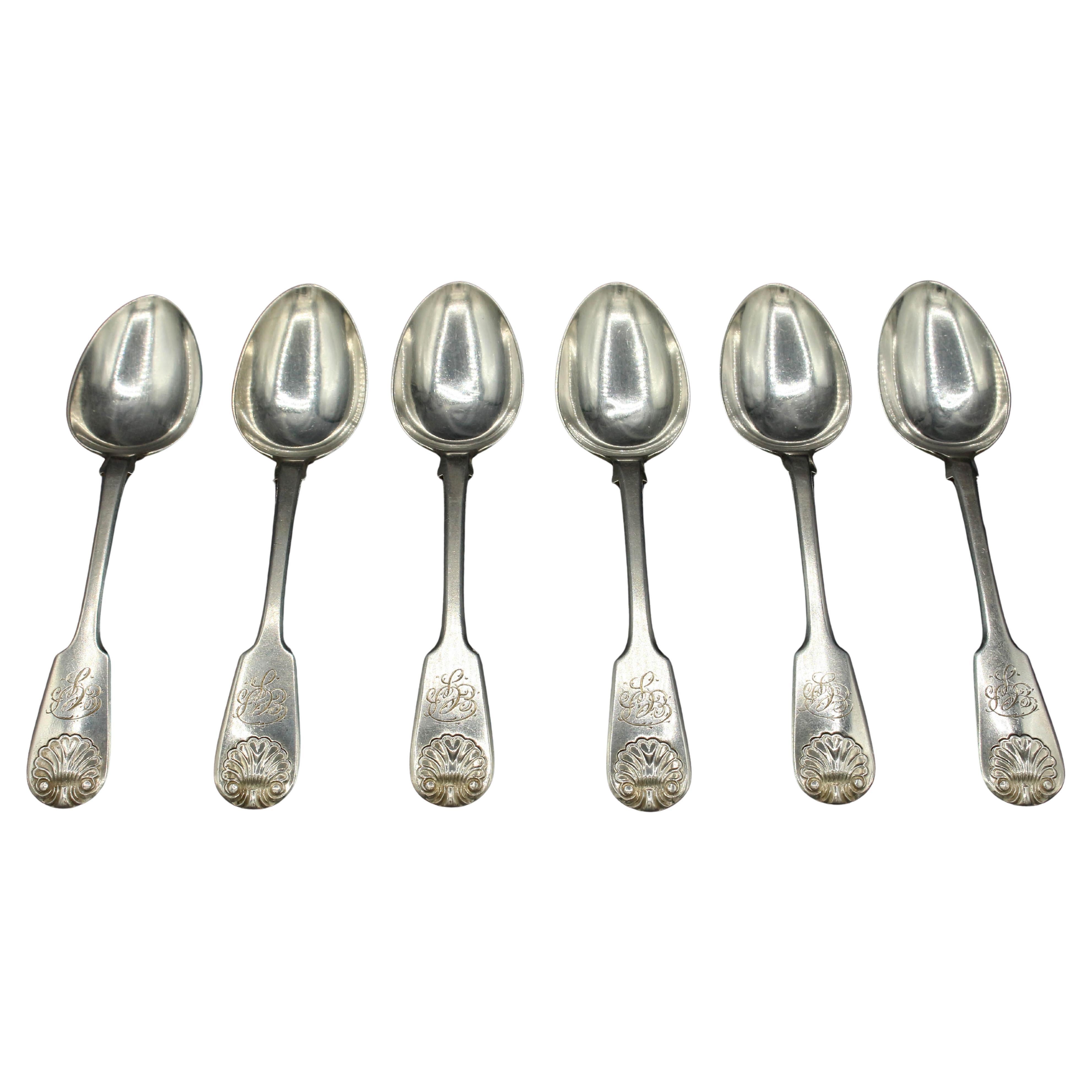 Juego de 6 cucharillas de plata de ley inglesa de 1870 con forma de violín y concha