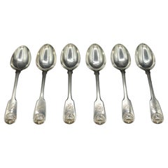 Set of 6 1870 English Sterling Silver Fiddle & Shell Teaspoons